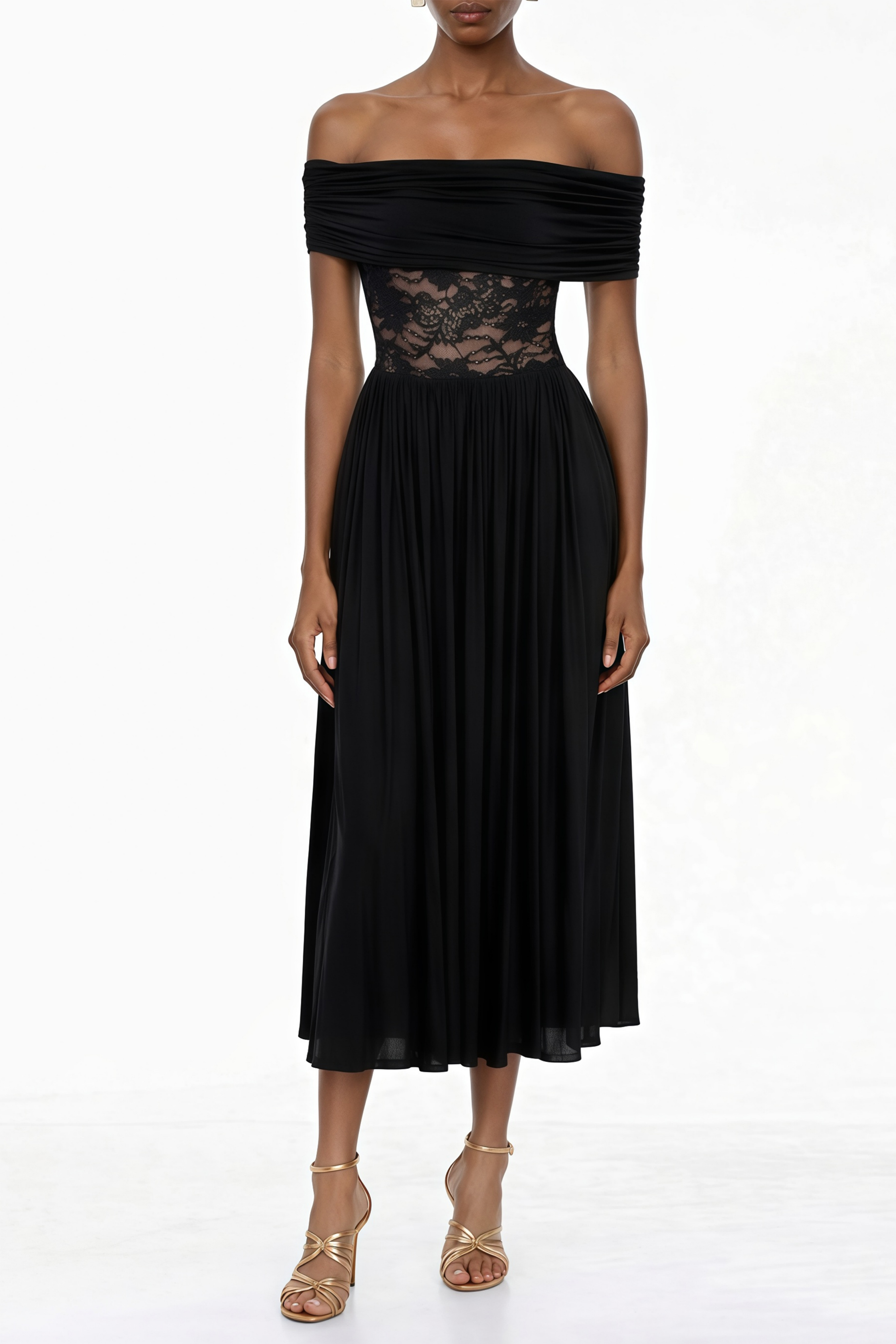Joelle Black Lace Panel Pleated Maxi Dress