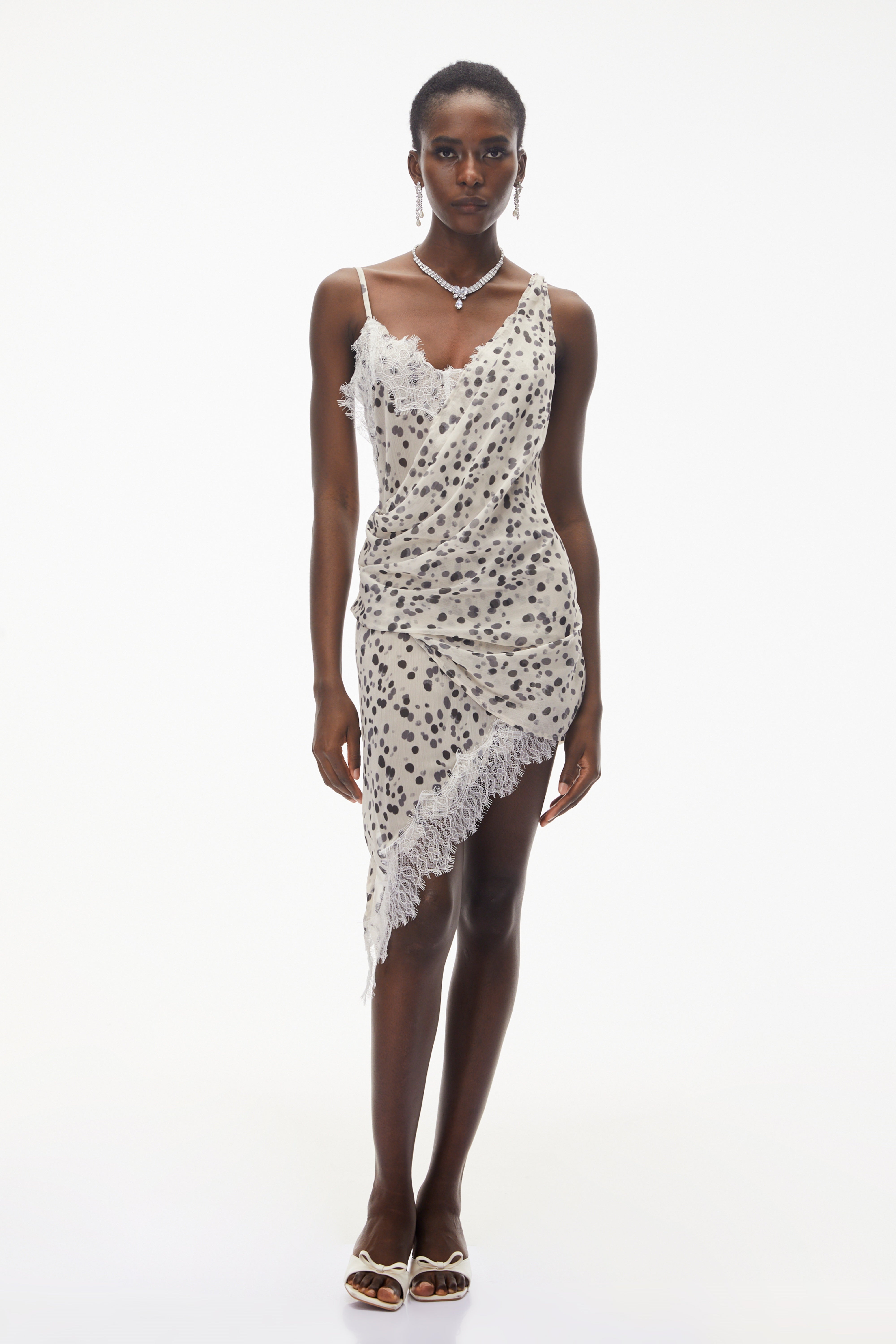 Jord White Polka Dot Mini Dress with Lace Panels