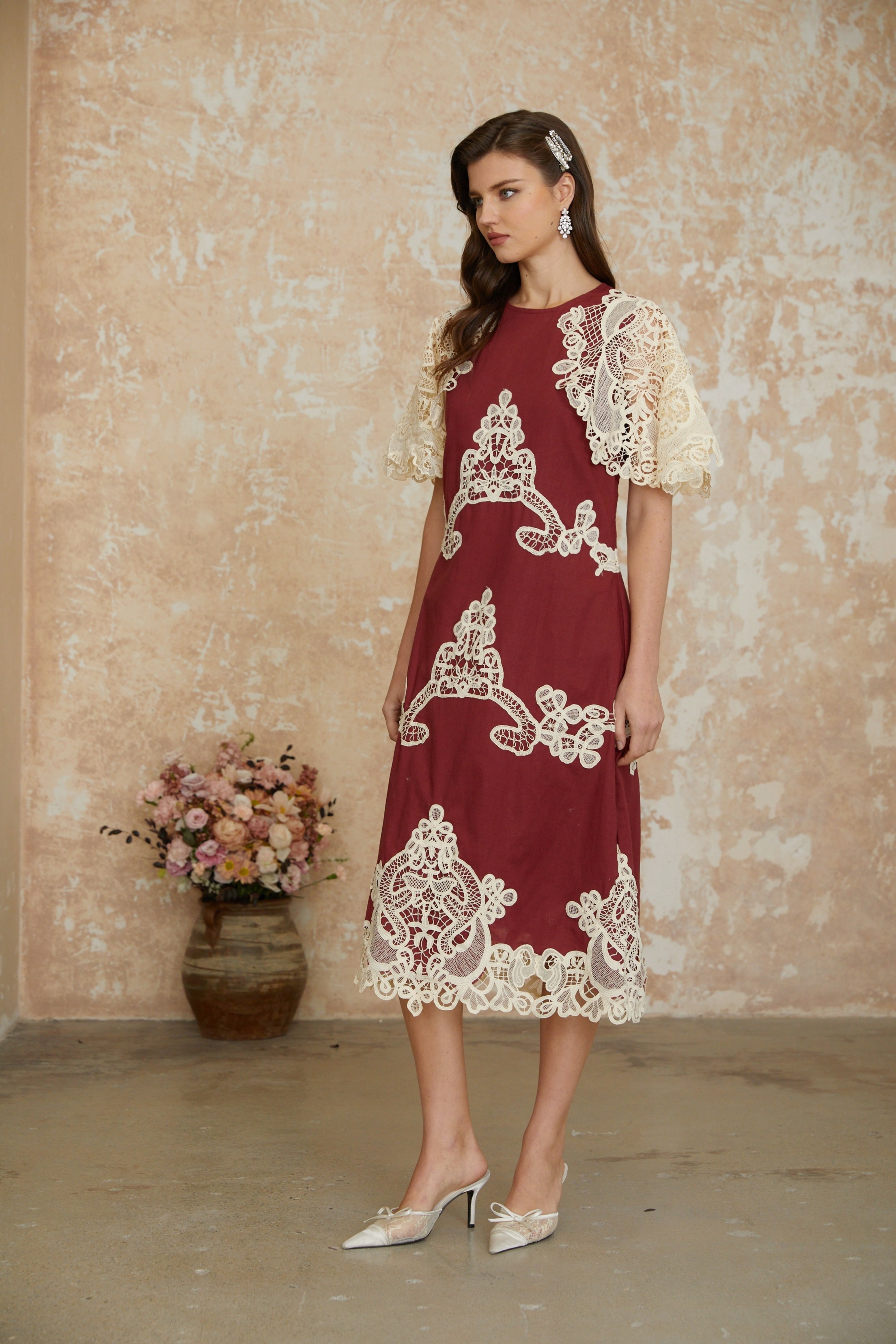 Julia Red Color Block Floral Embroidered Midi Dress (Final Sale-US Only)