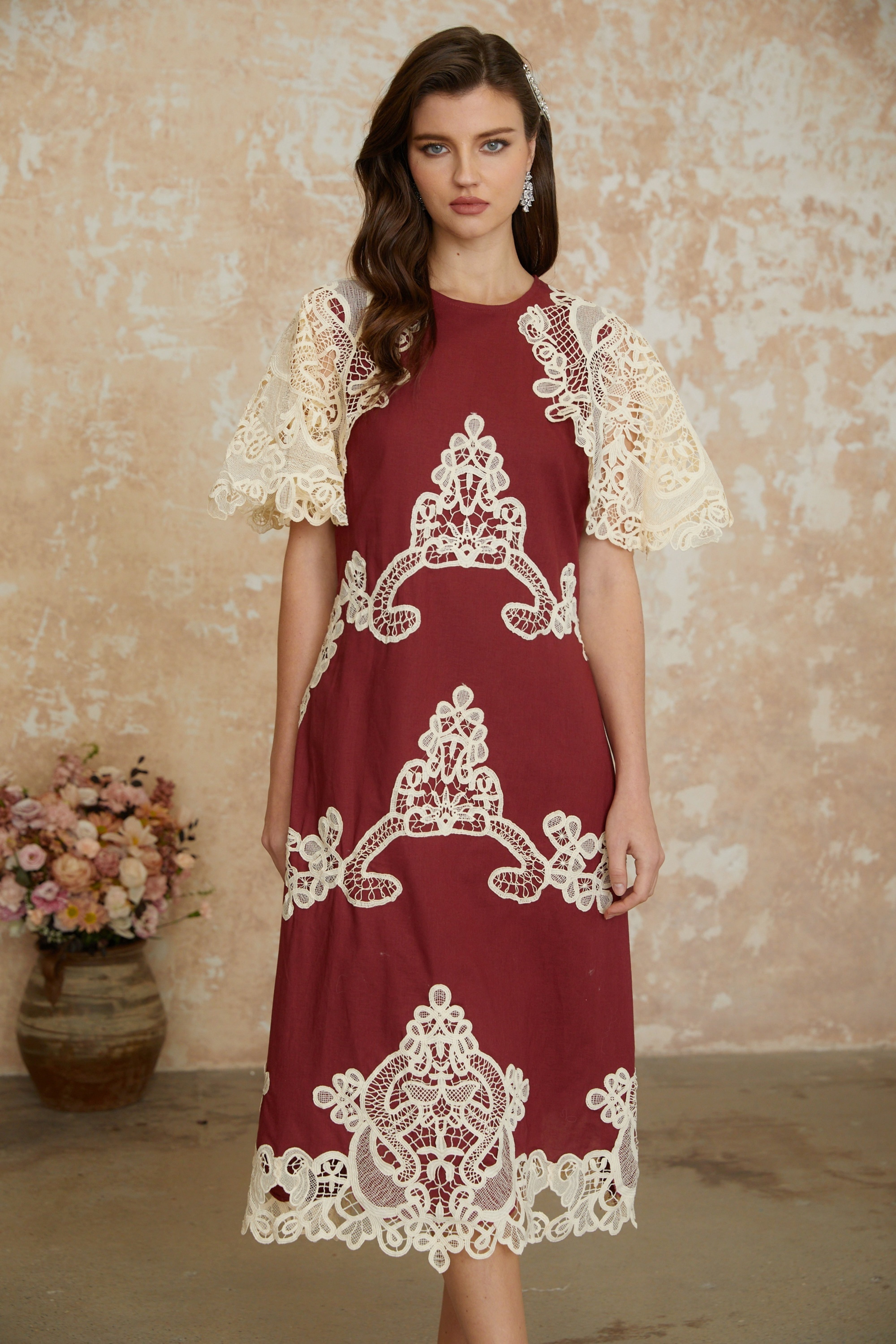 Julia Red Color Block Floral Embroidered Midi Dress (Final Sale-US Only)