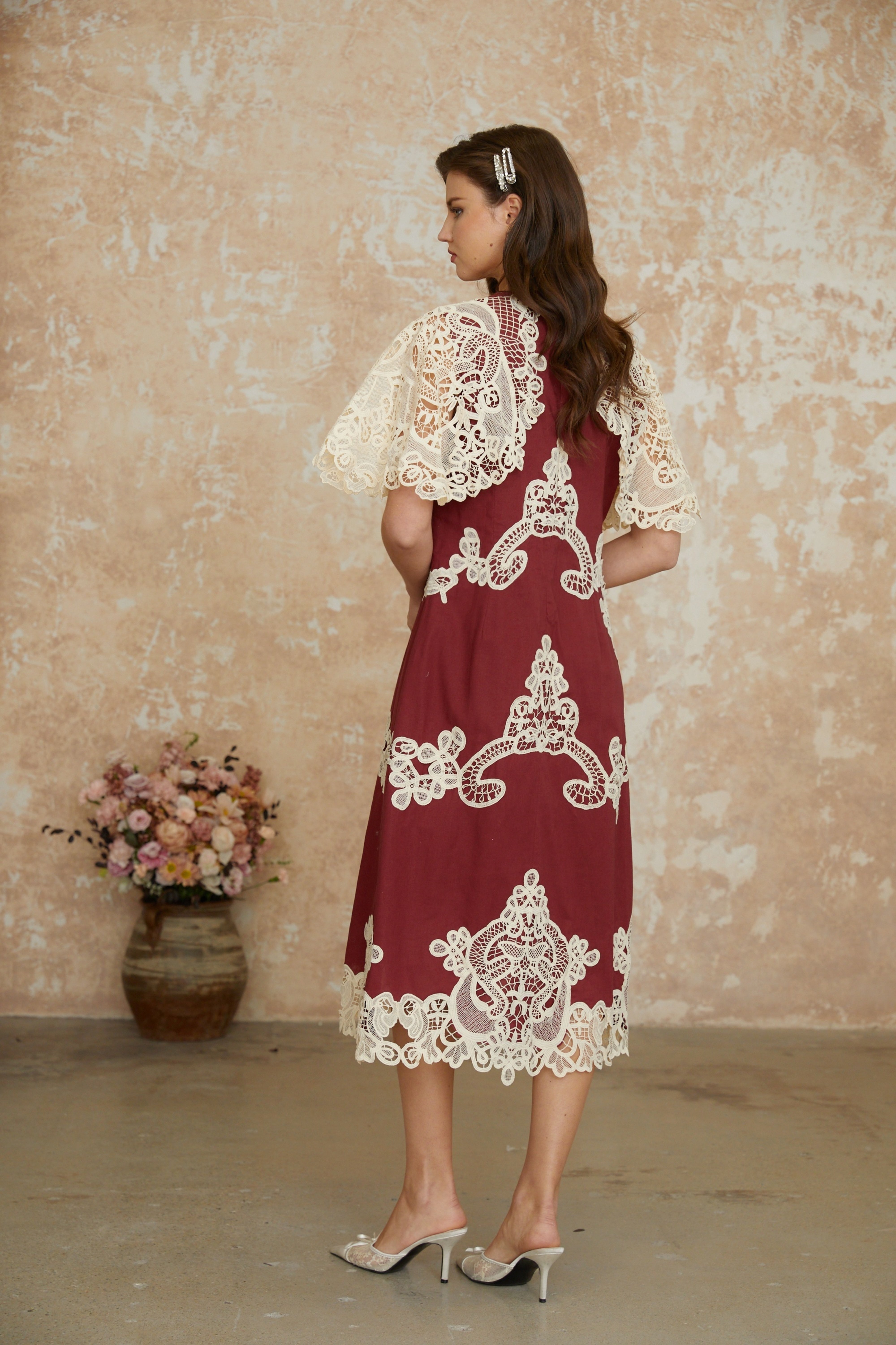 Julia Red Color Block Floral Embroidered Midi Dress (Final Sale-US Only)
