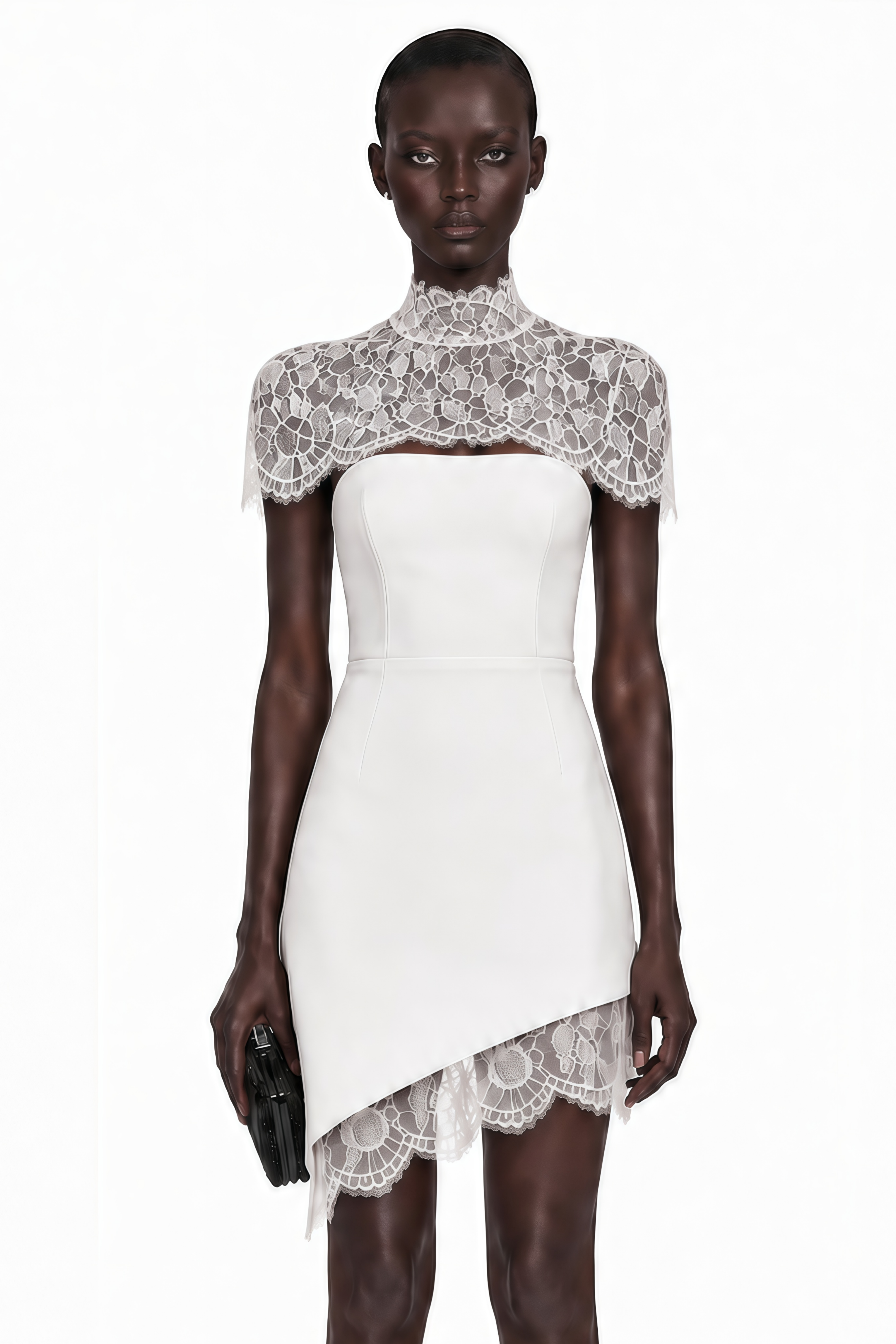 Juliana White Off Shoulder Mini Dress with Asymmetrical Lace Panels