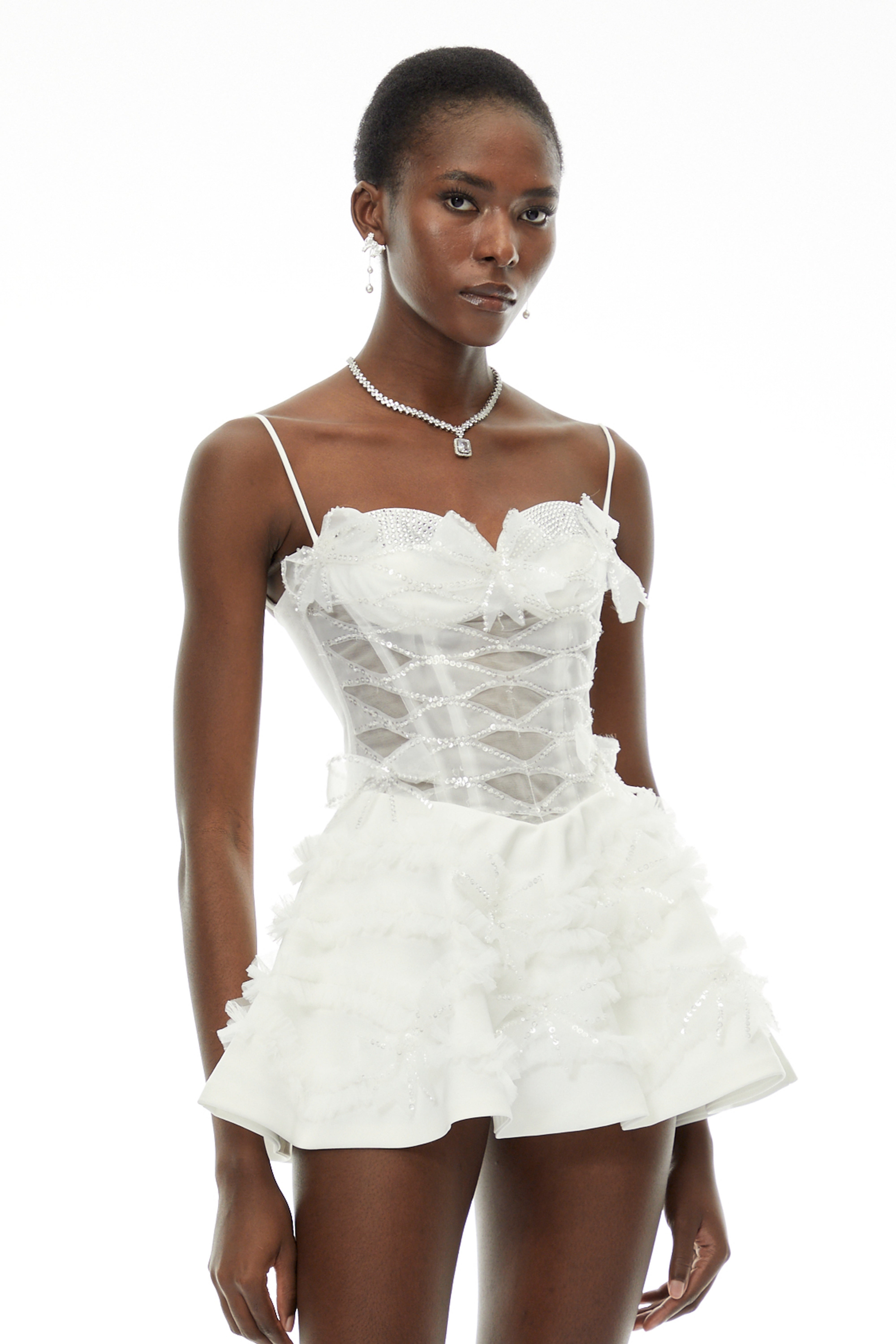 Juliana White Ruffled Mini Dress with Bow Detail