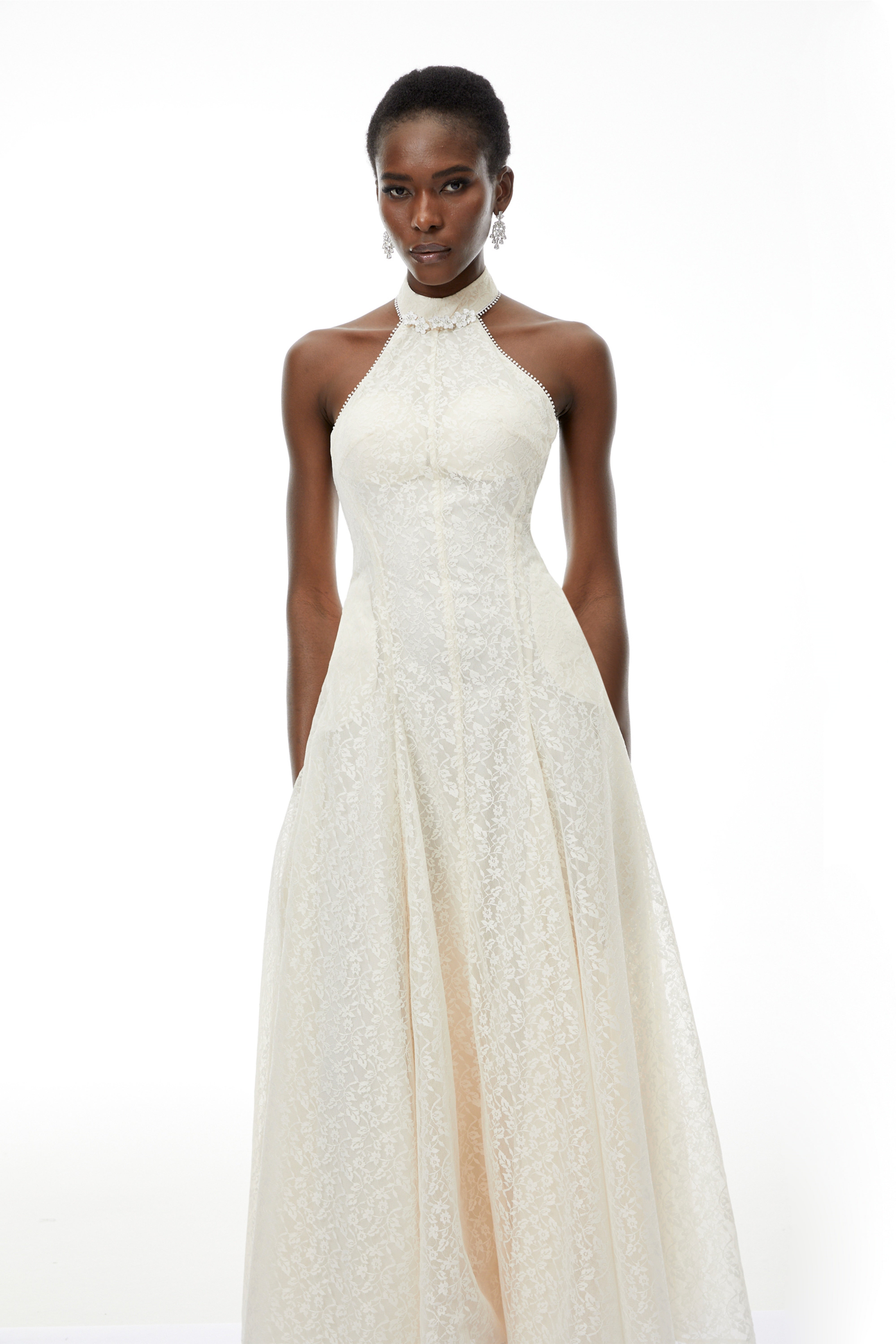 Juliet Cream White Halterneck Floral Lace Maxi Dress