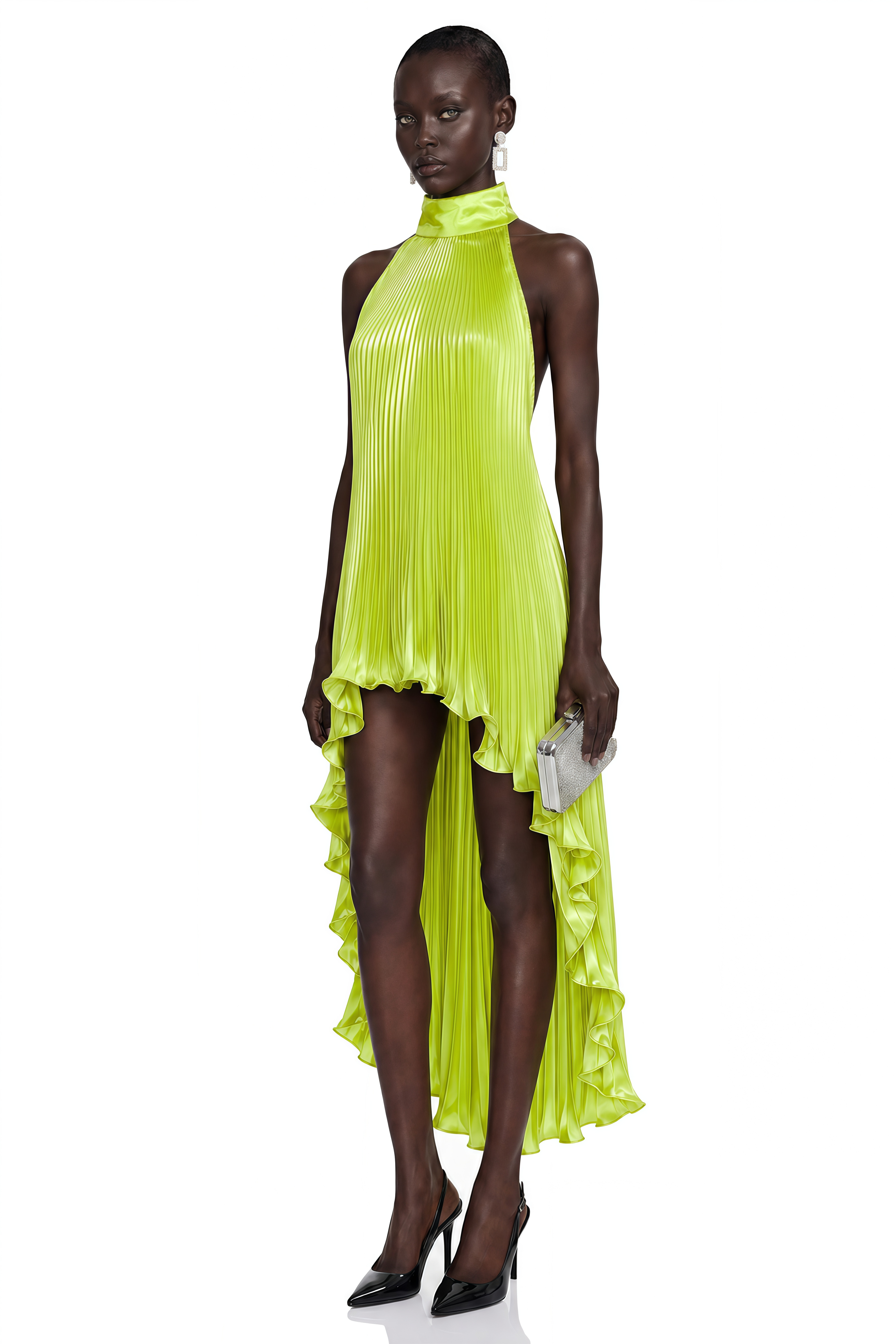 Juliet Green Halterneck Asymmetrical Ruched Midi Dress