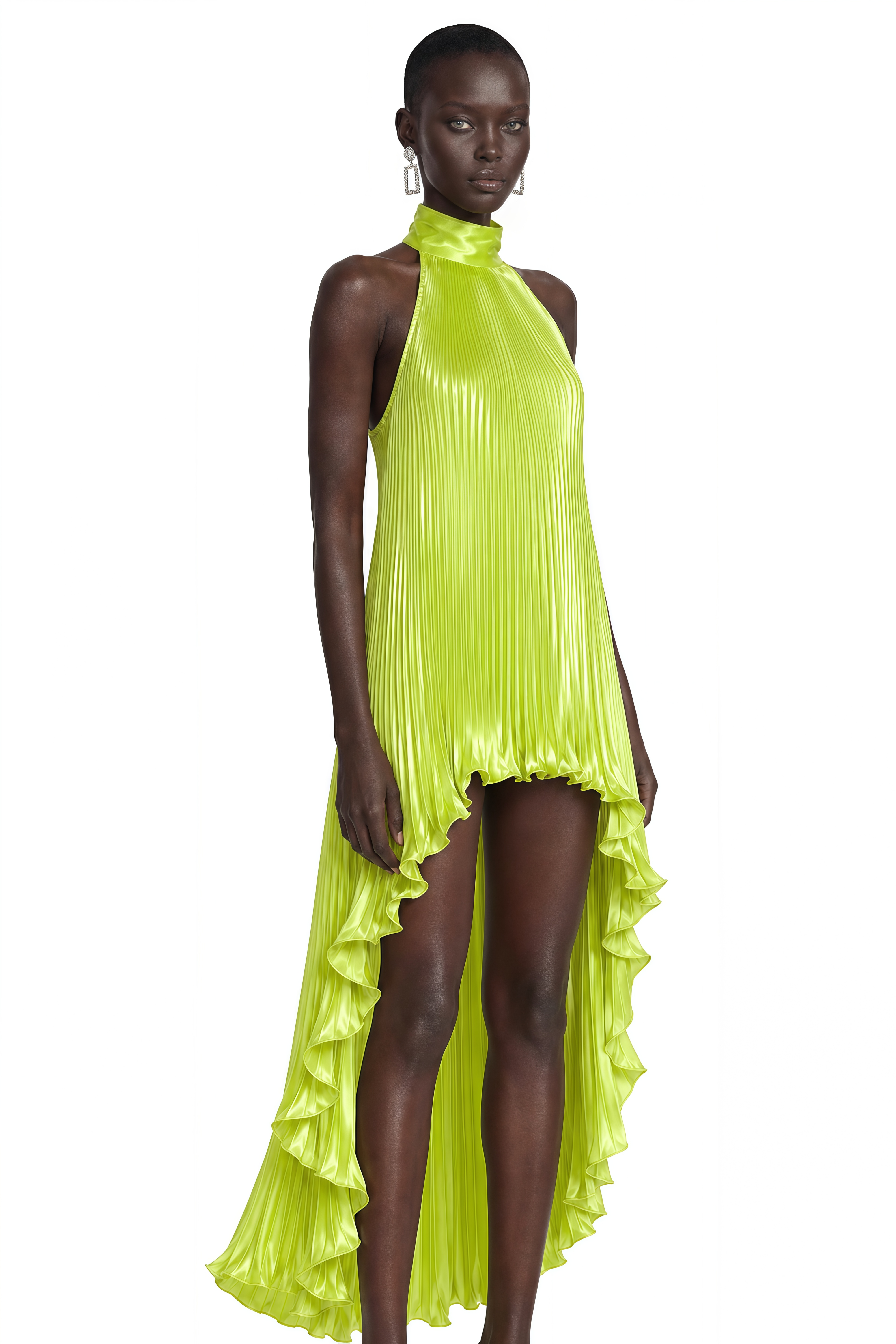Juliet Green Halterneck Asymmetrical Ruched Midi Dress