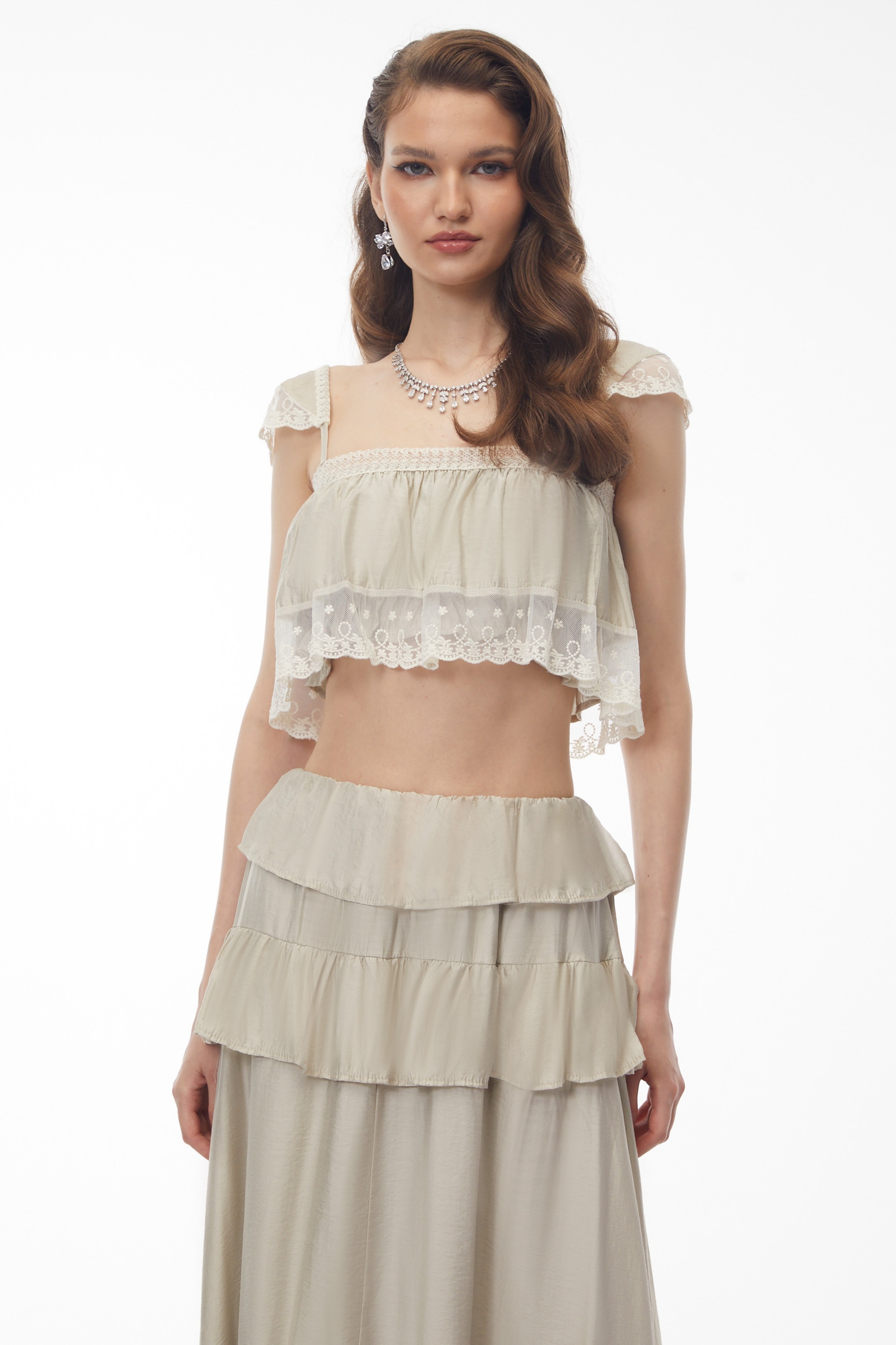 Juturna Apricot-Grey Crop Top & Ruffled Skirt Set