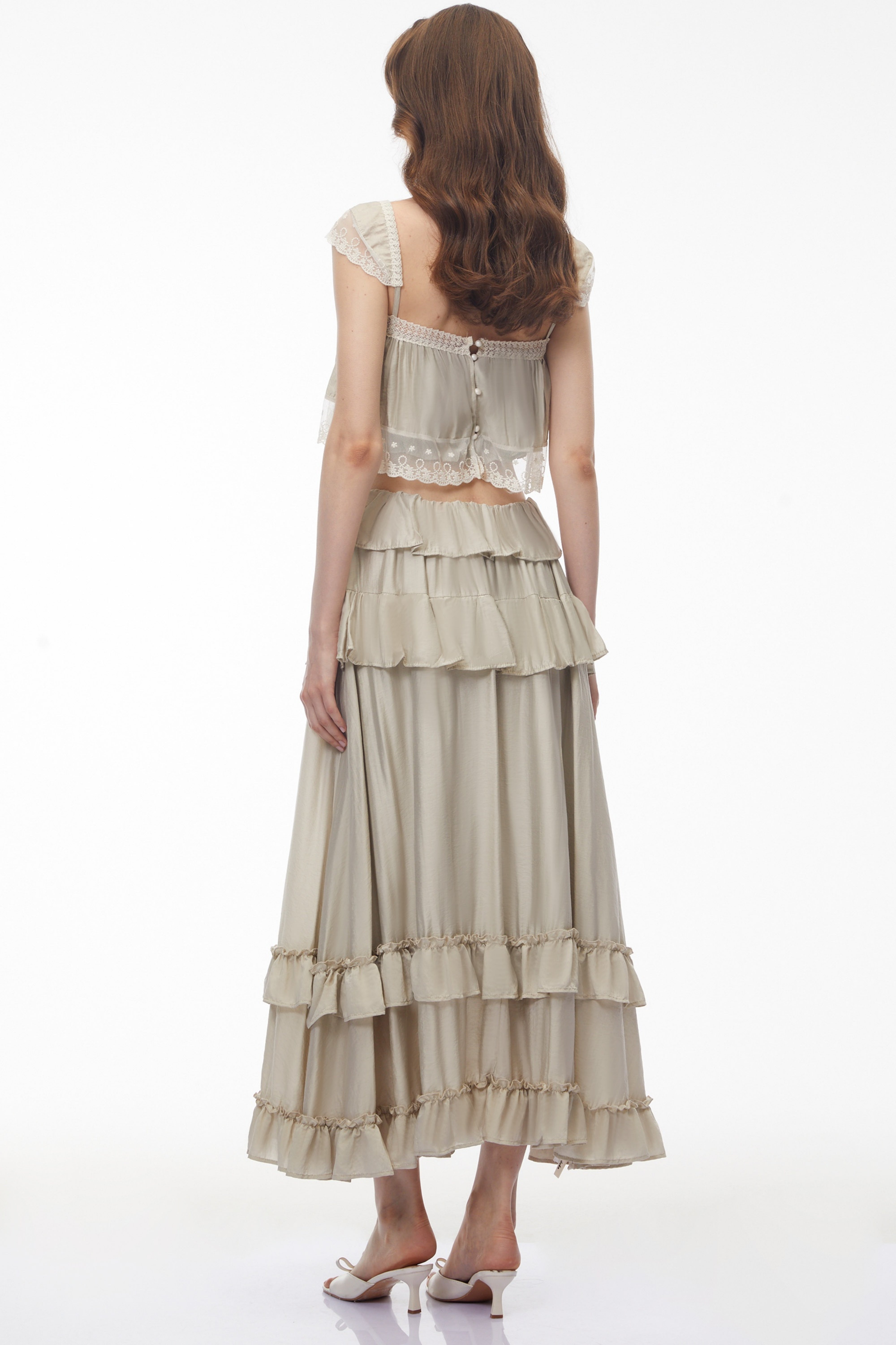 Juturna Apricot-Grey Crop Top & Ruffled Skirt Set