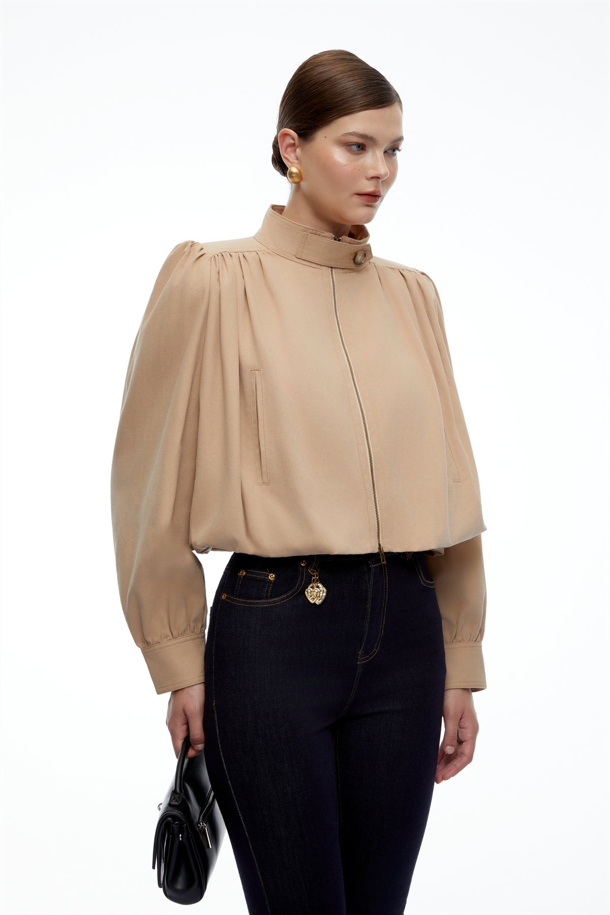 kamila beige high neck long sleeve jacket