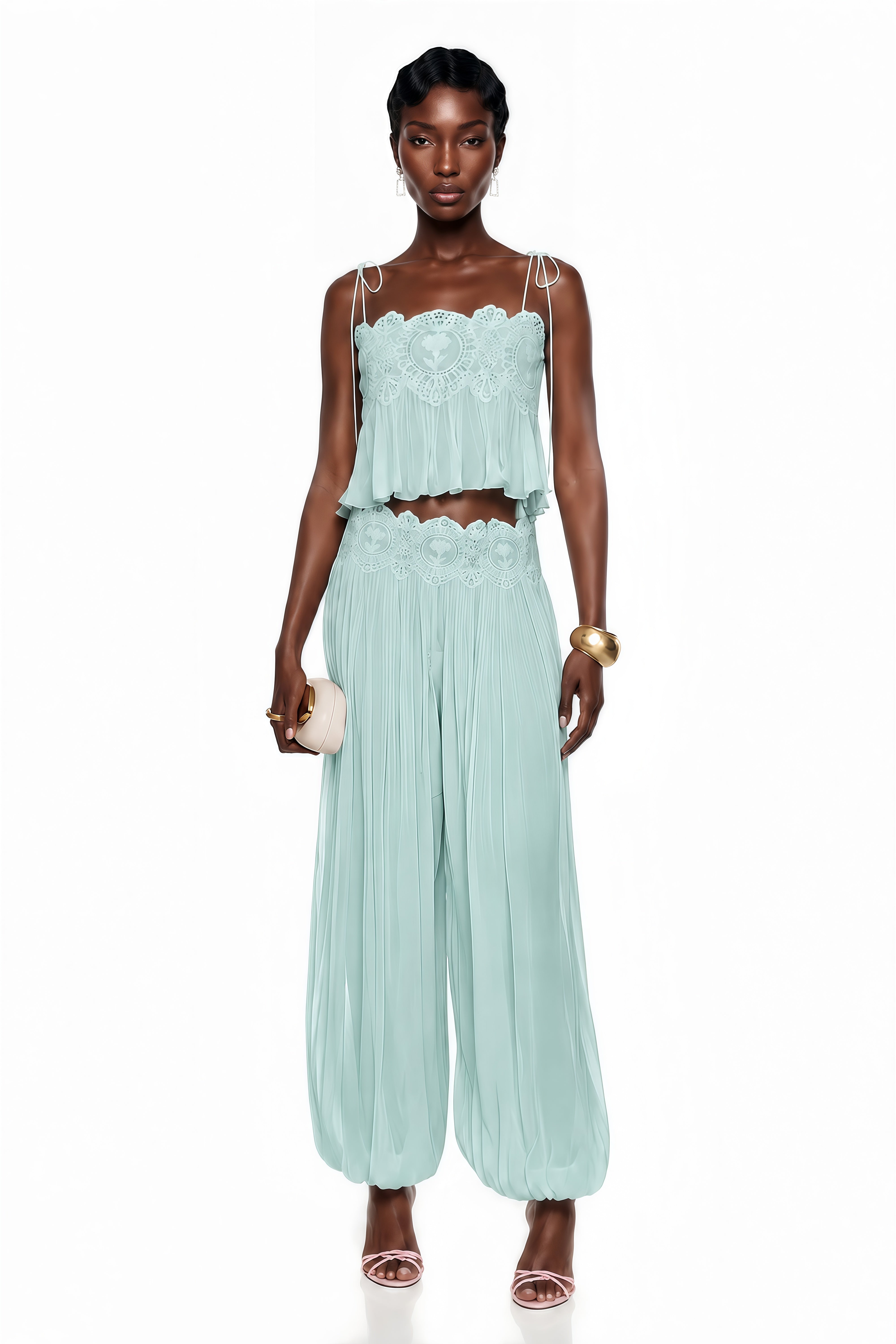 Kamila Mint Green Lace Trim Ruched Top & Trouser Set