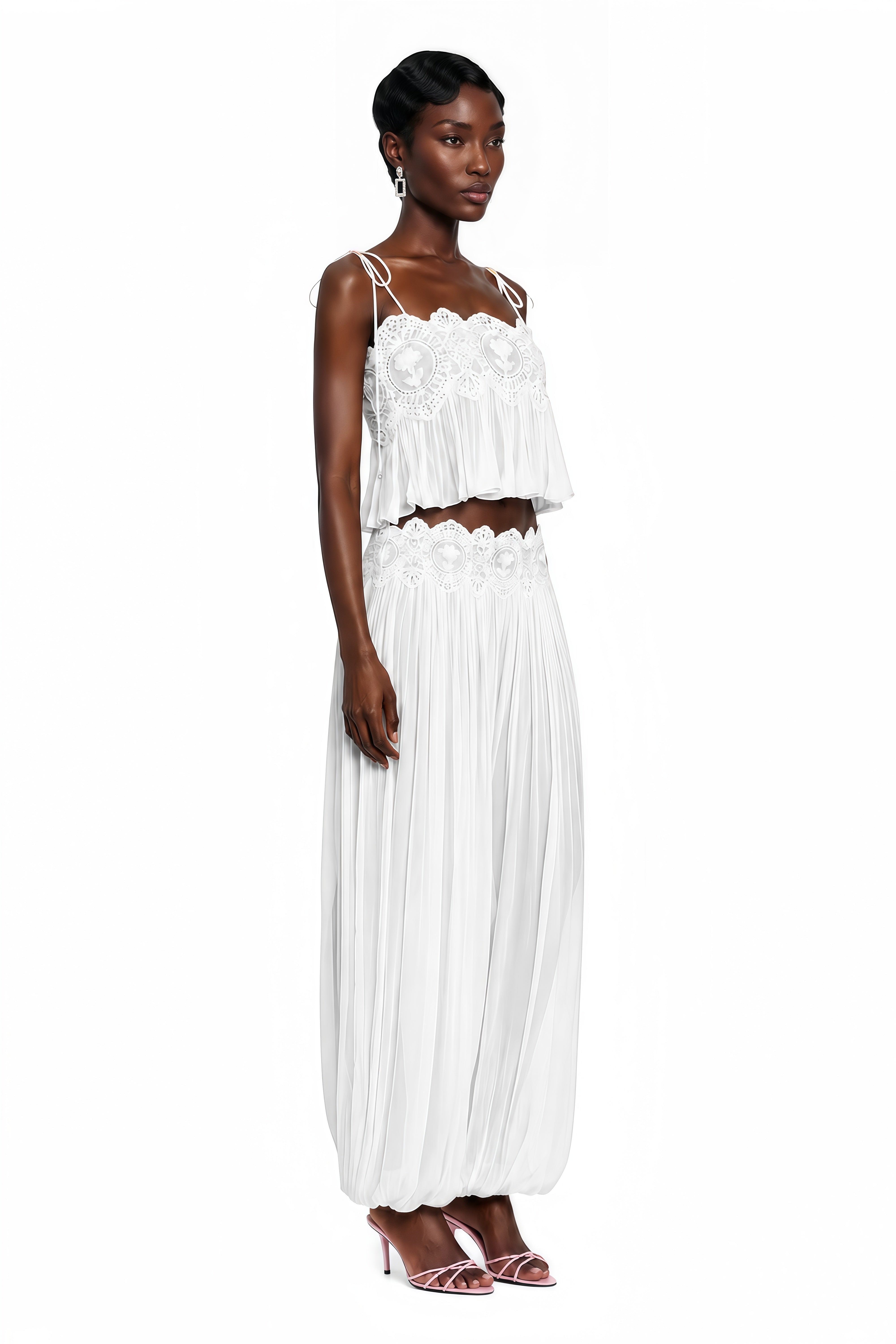 Kamila White Lace Trim Ruched Top & Trouser Set