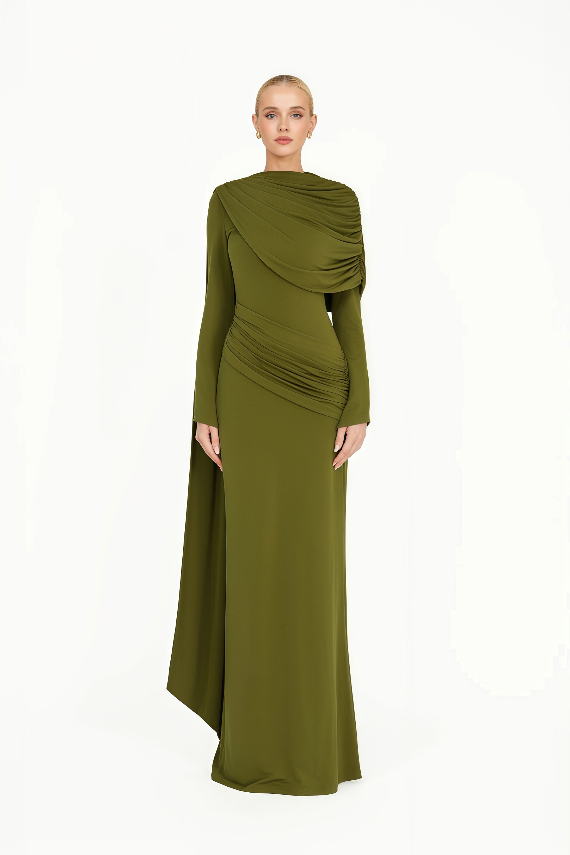 Kjersti Green Asymmetrical Ruched Maxi Dress