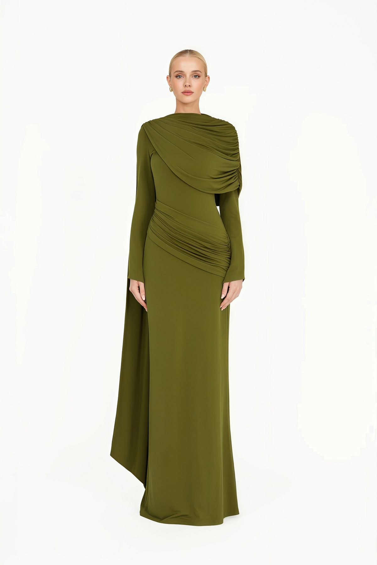 Kjersti Green Asymmetrical Ruched Maxi Dress