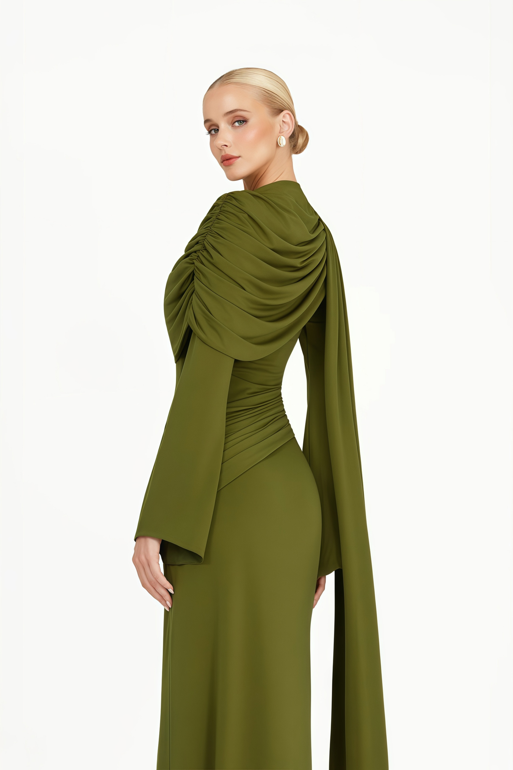 Kjersti Green Asymmetrical Ruched Maxi Dress