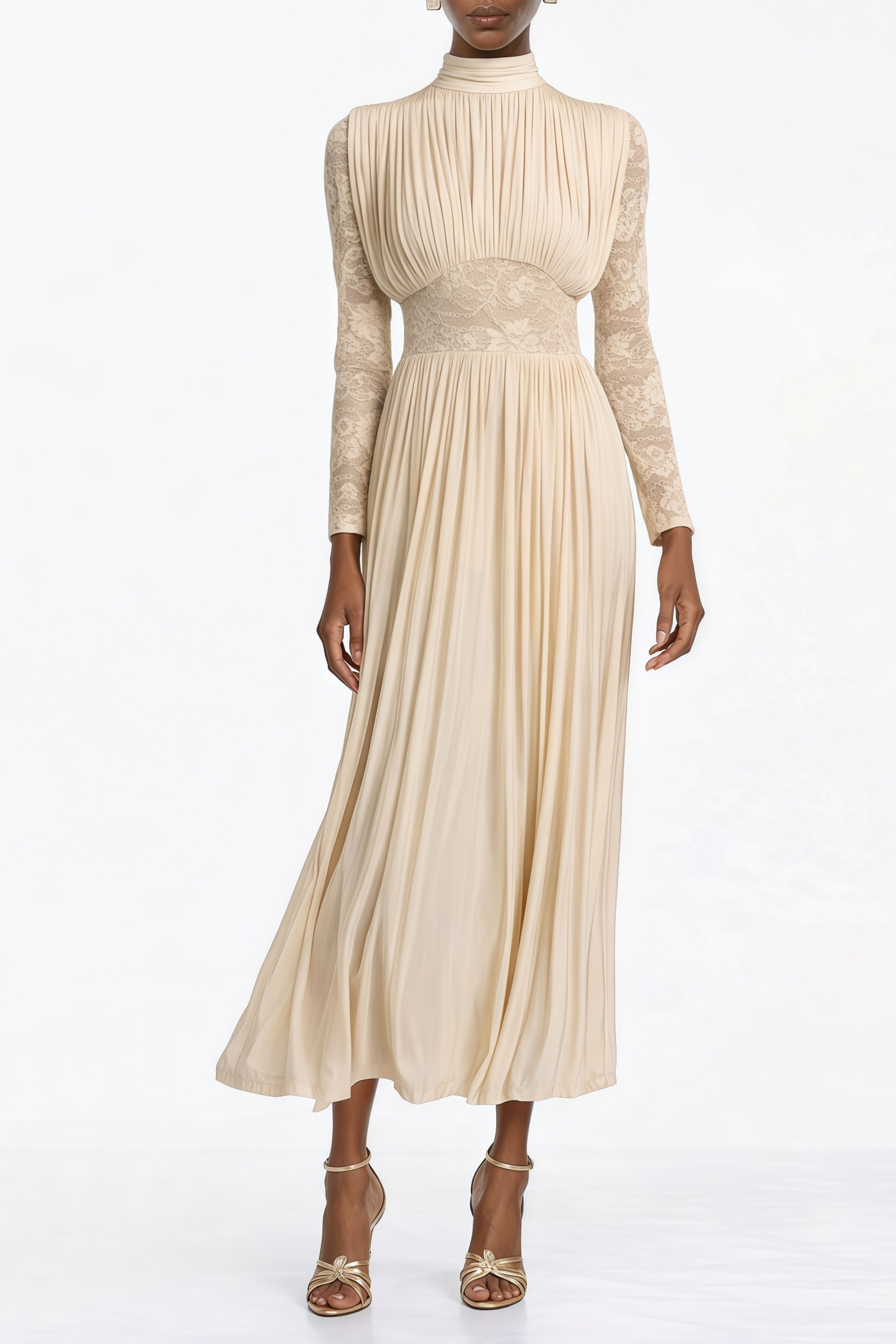 Karine Neutral Lace Panel Ruched Maxi Dress (Final Sale-US Only)