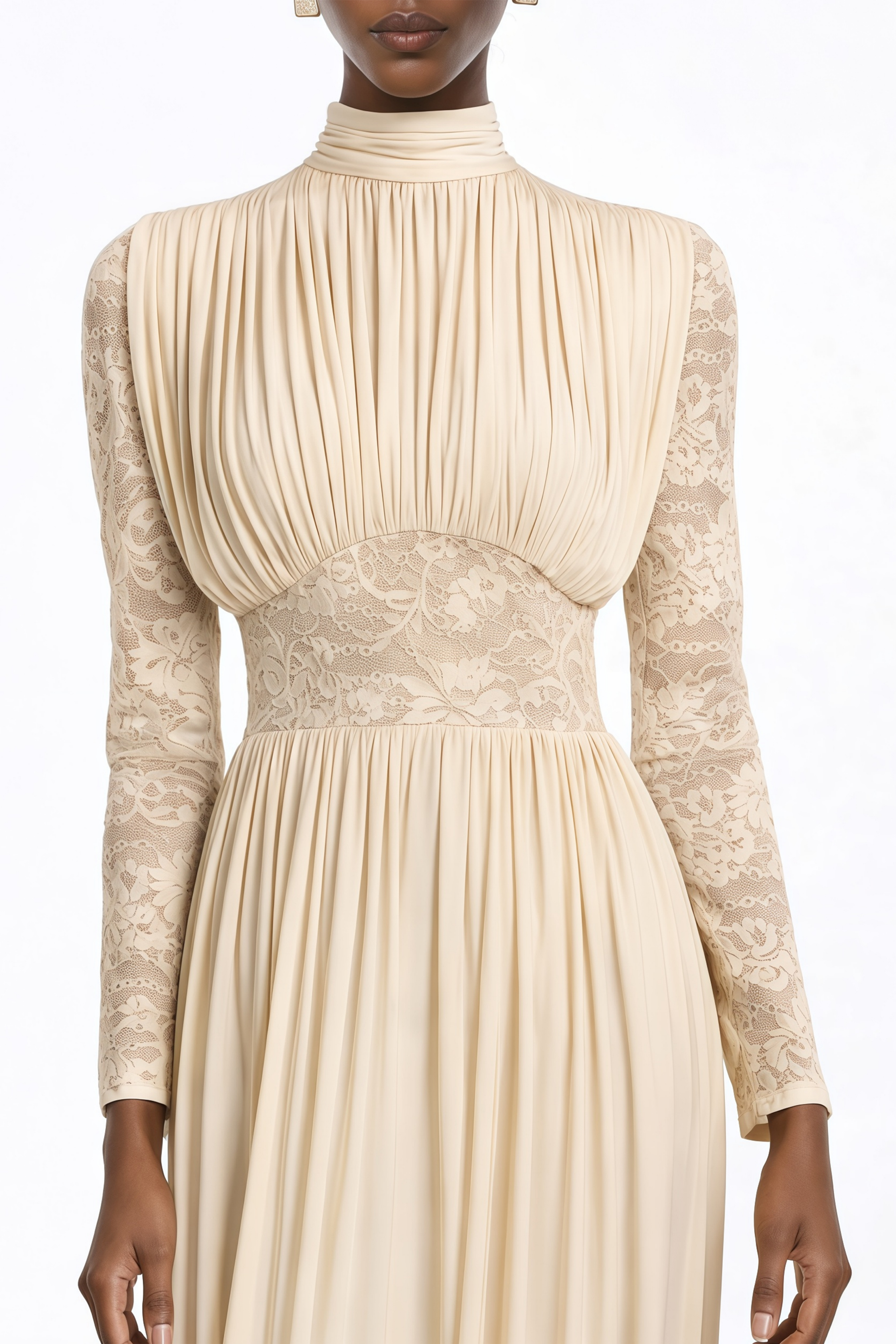 Karine Neutral Lace Panel Ruched Maxi Dress (Final Sale-US Only)