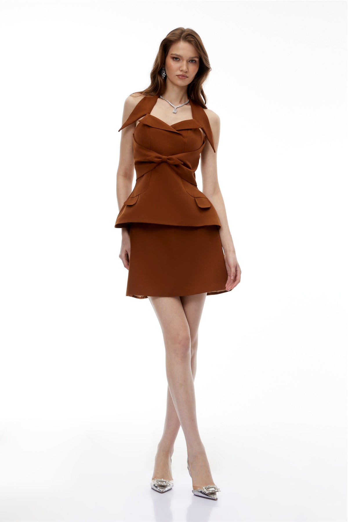 Katayoun Brown Halterneck Top & Skirt Set