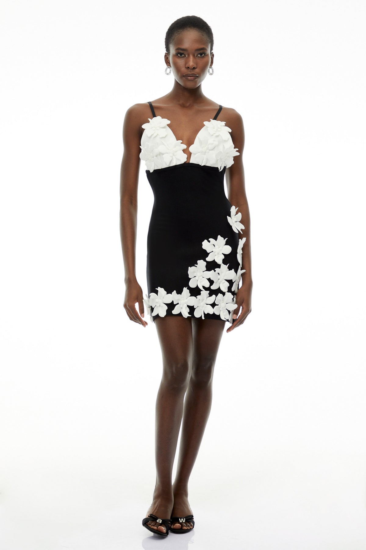 Kate Black Mini Dress with Spaghetti Straps and 3D Petals