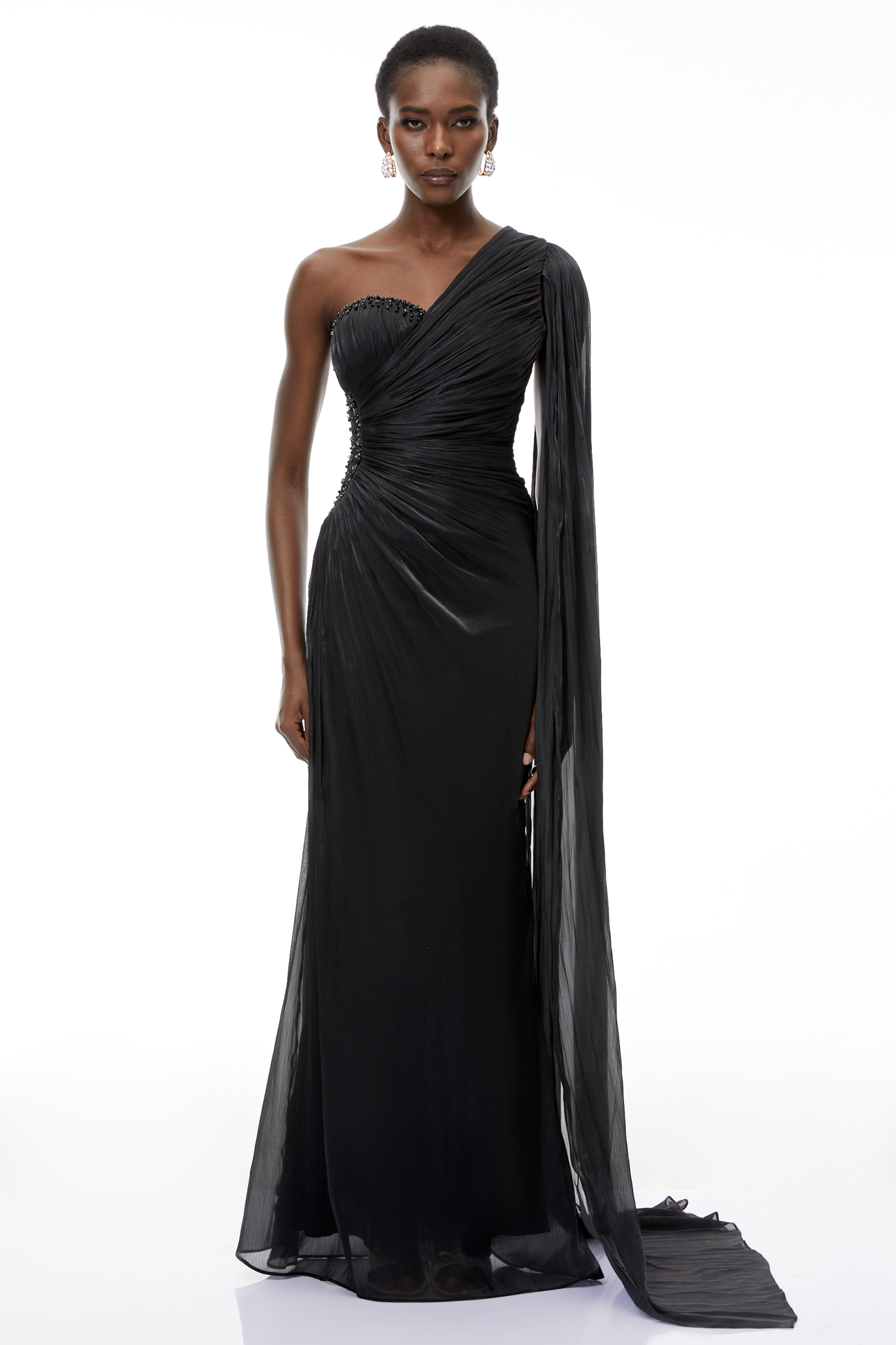 Katrin Black One Shoulder Ruched Maxi Dress