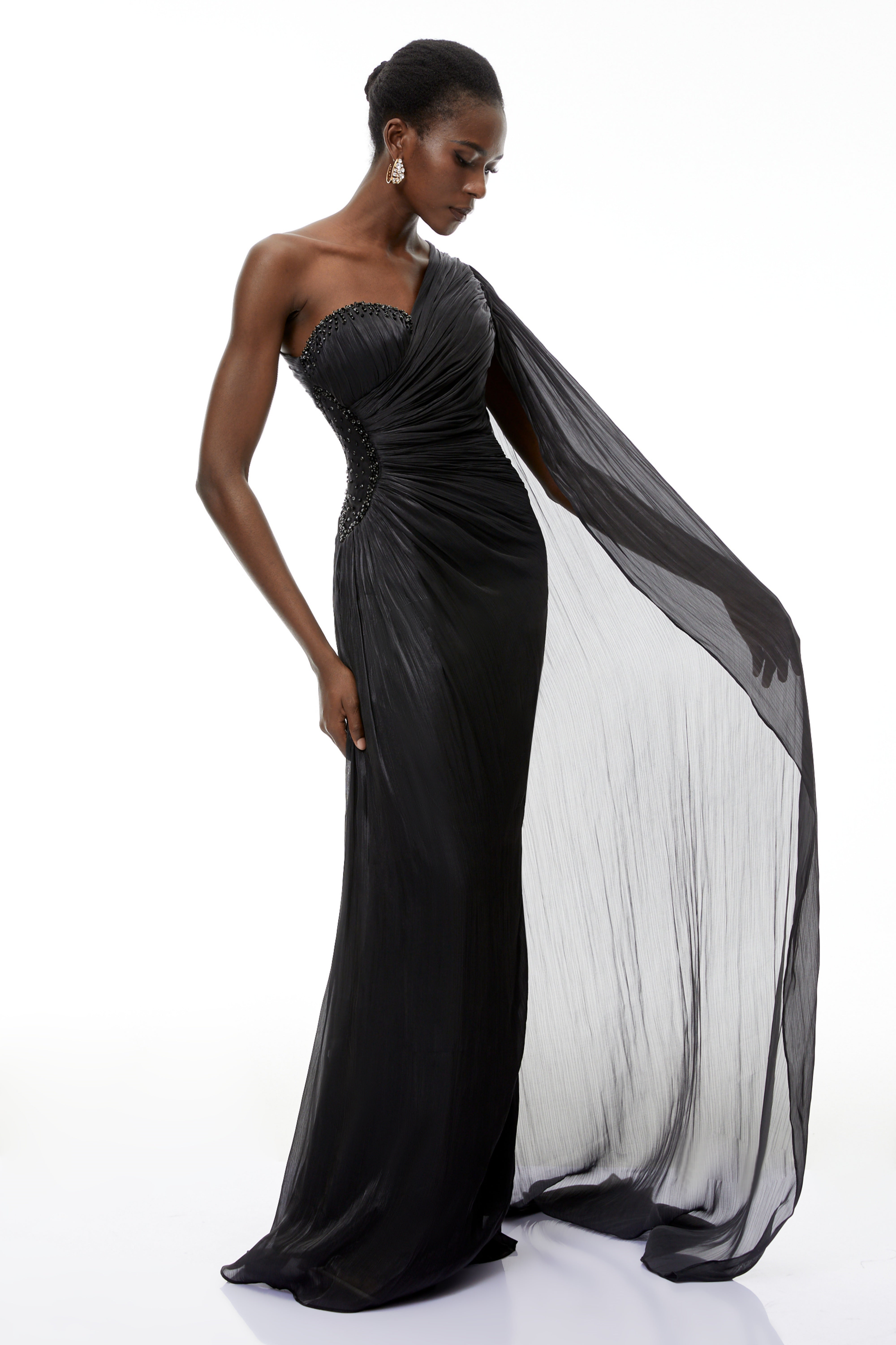 Katrin Black One Shoulder Ruched Maxi Dress