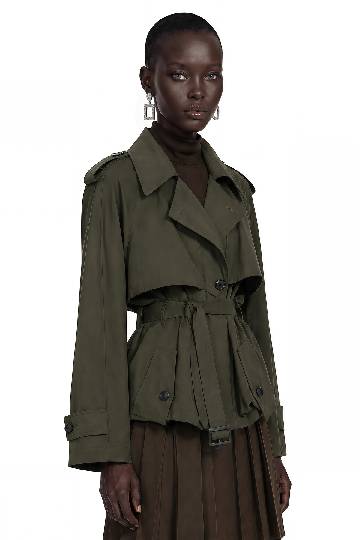 kehlani olive green ruffle belted trench coat