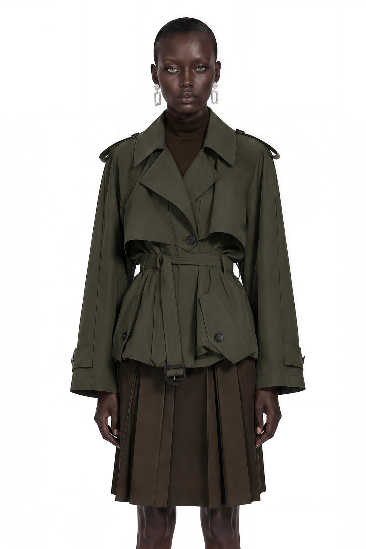 kehlani olive green ruffle belted trench coat