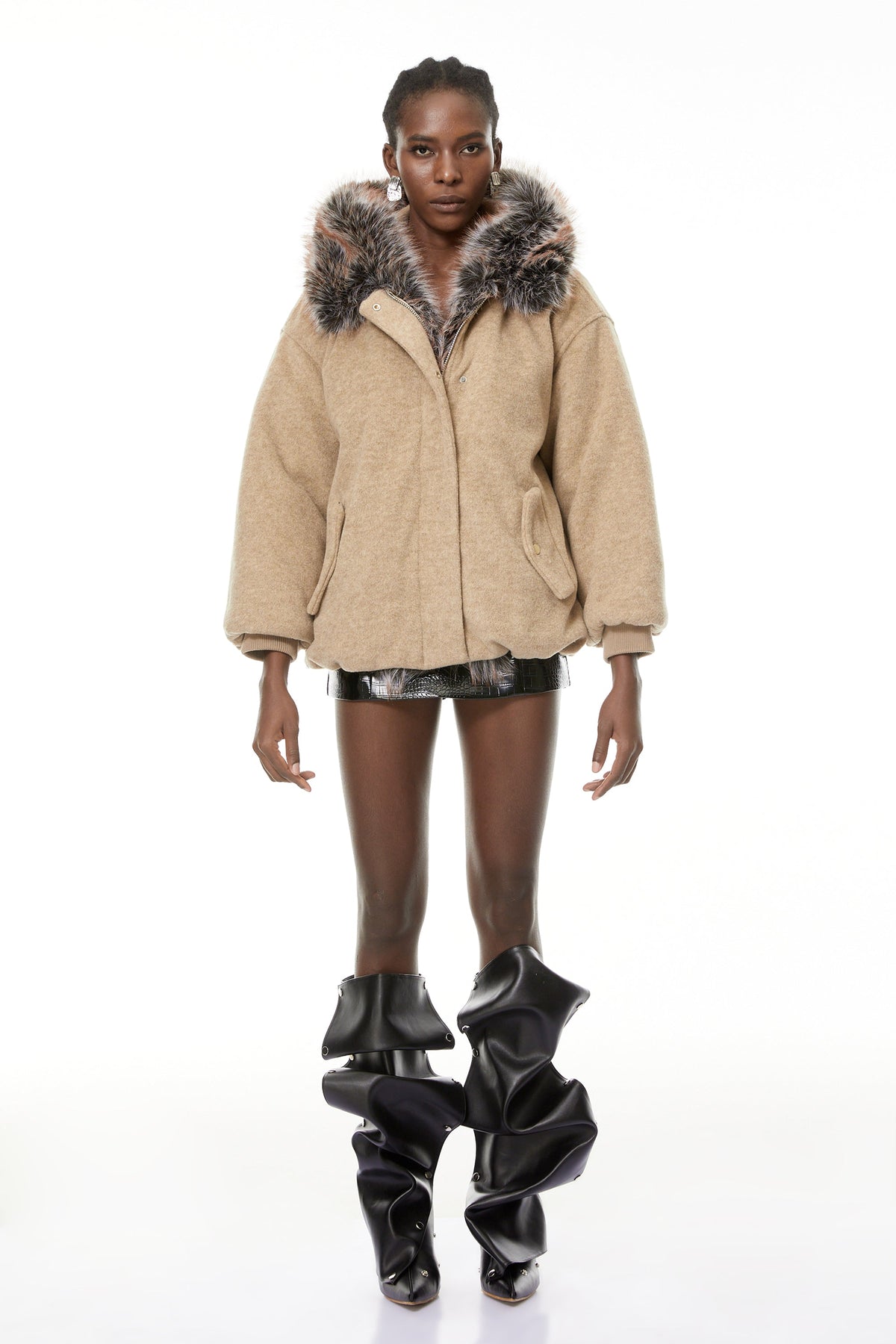 Kehlani Neutral Faux-Fur Trim Coat
