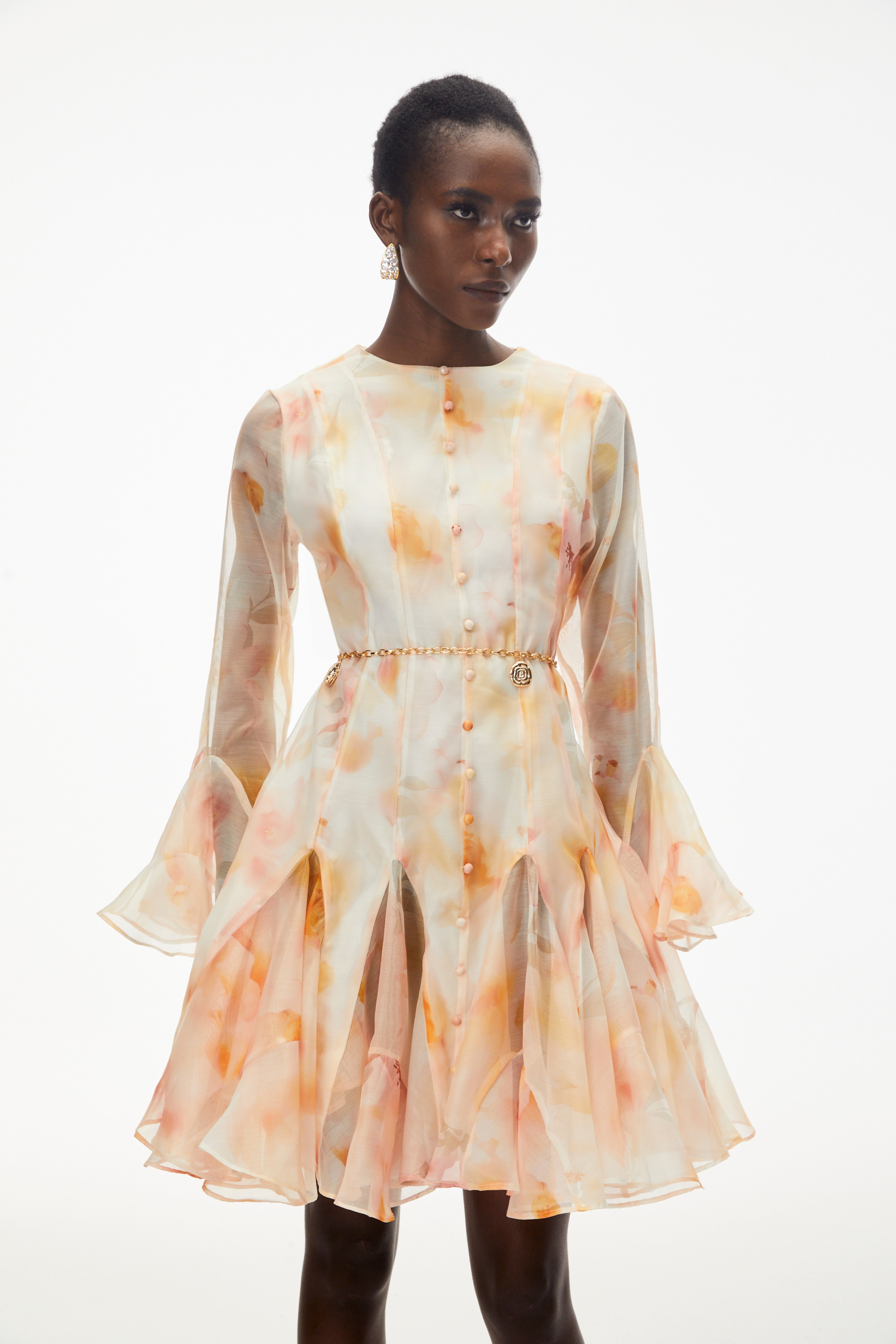 Keren Peach Floral Print Midi Dress
