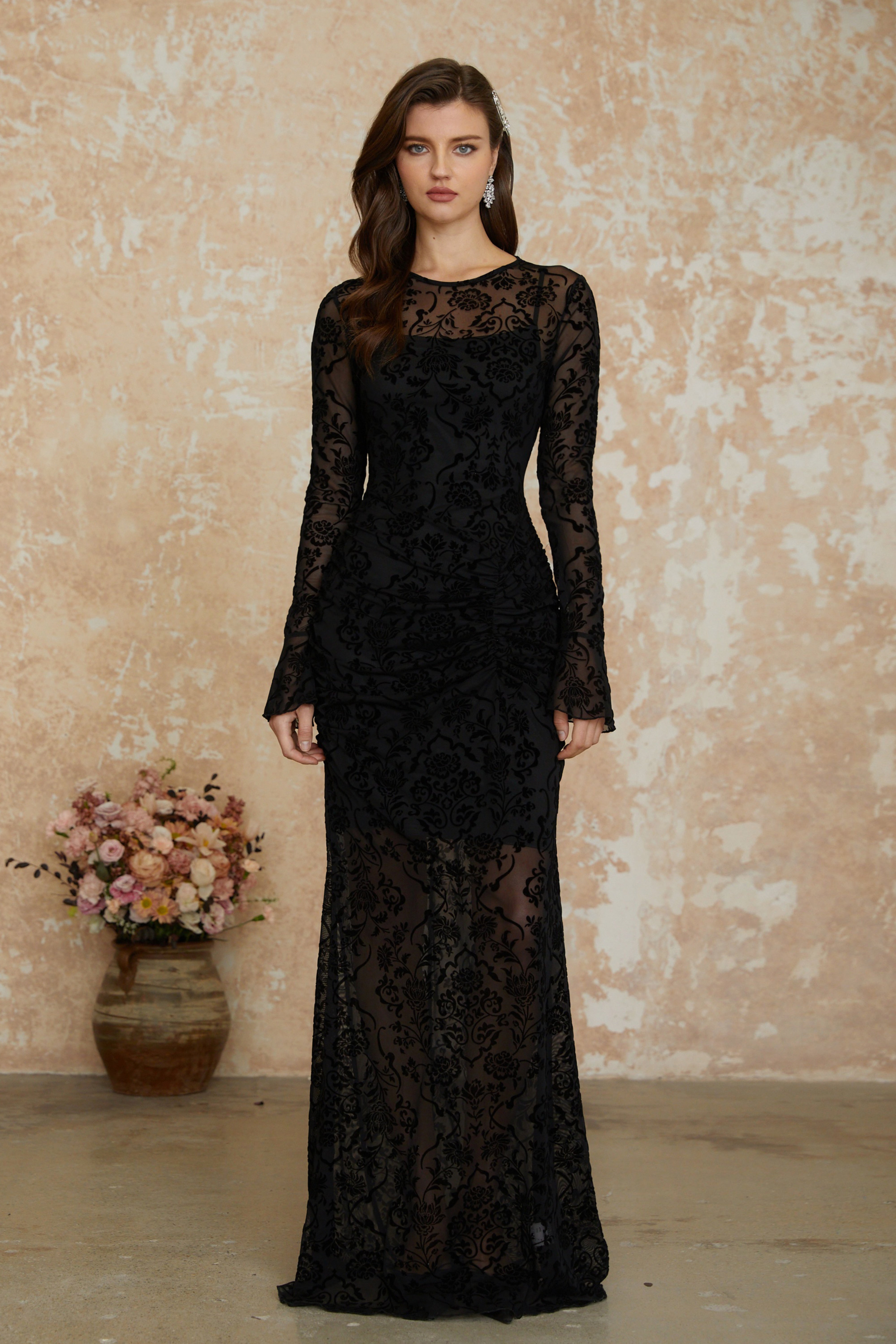 Kismet Black Flocked Floral Ruched Maxi Dress (Final Sale-US Only)