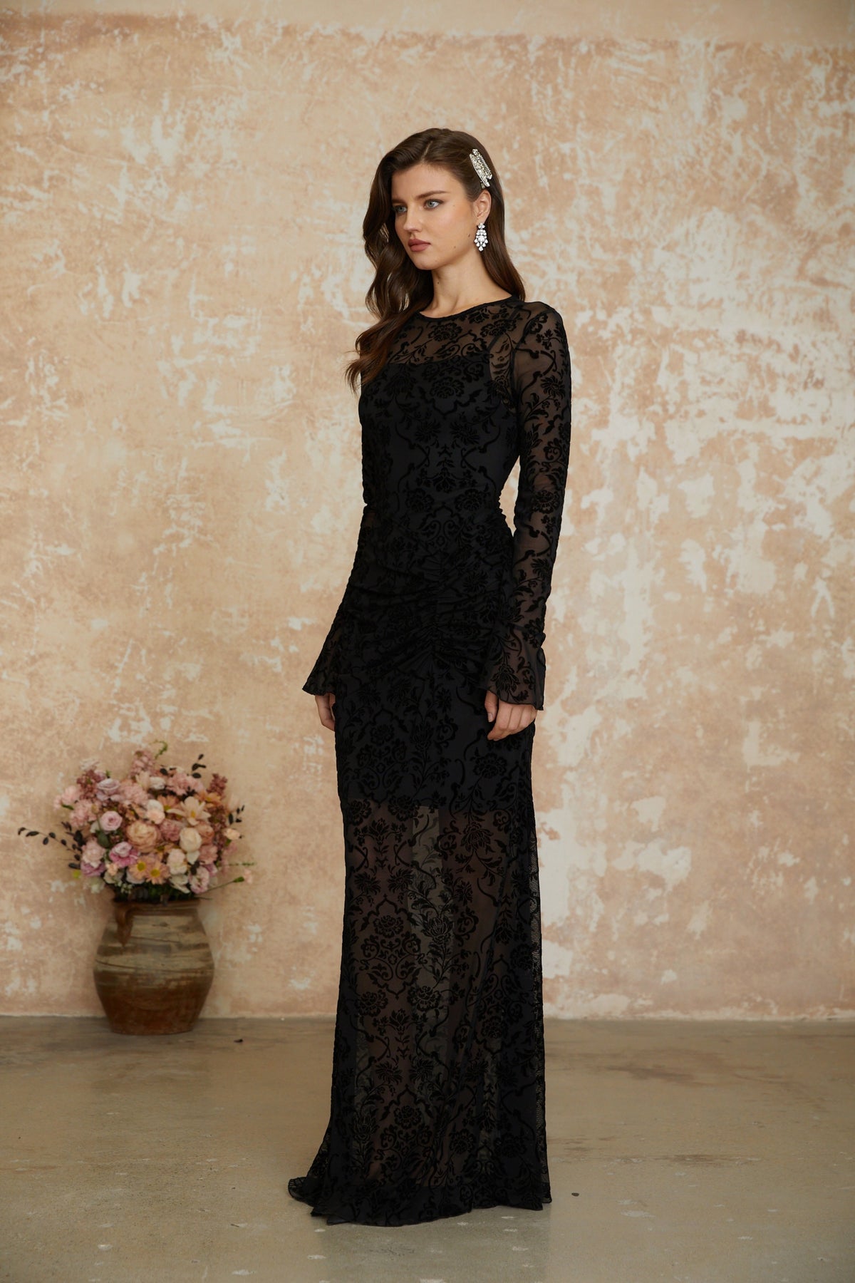 Kismet Black Flocked Floral Ruched Maxi Dress