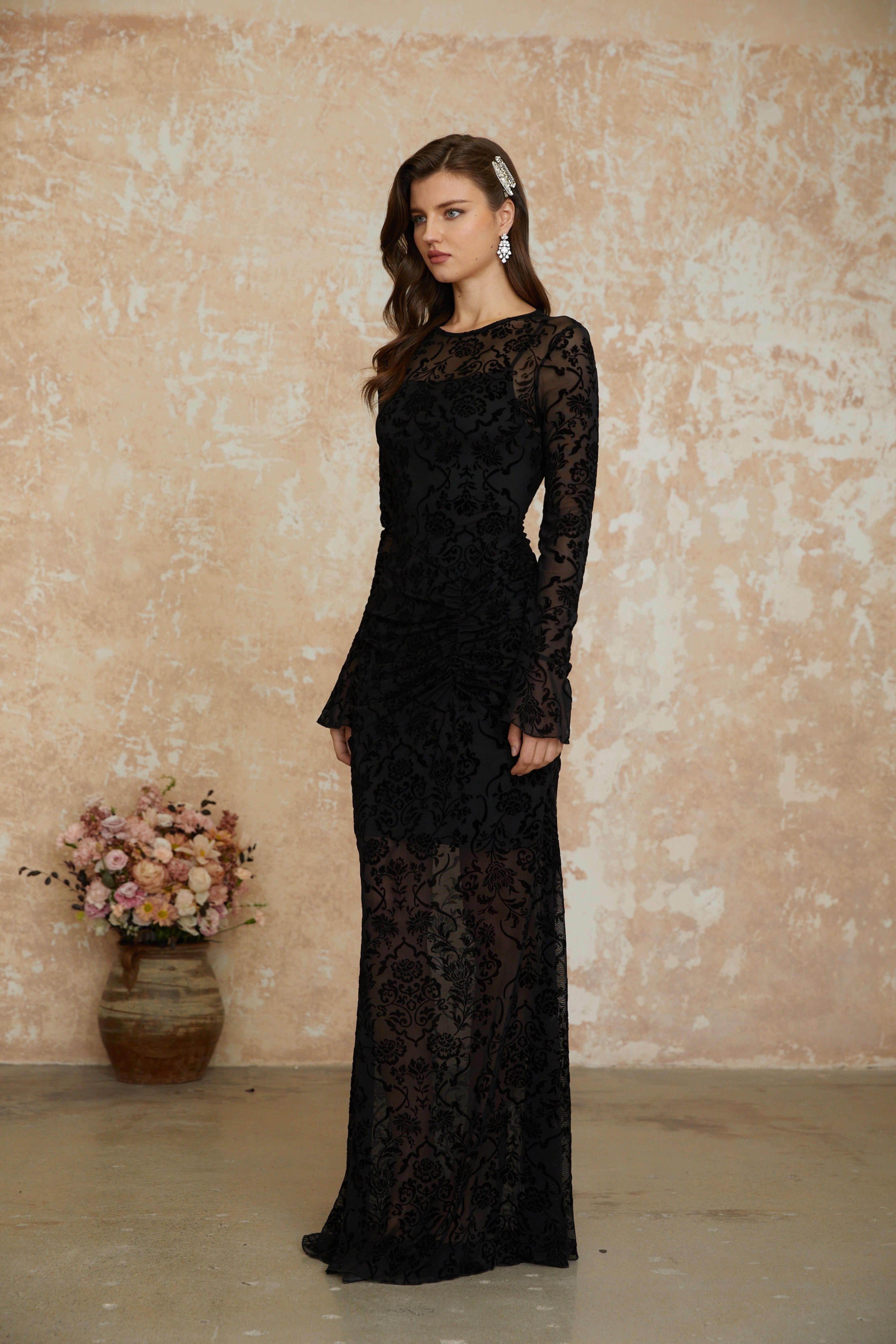 Kismet Black Flocked Floral Ruched Maxi Dress (Final Sale-US Only)