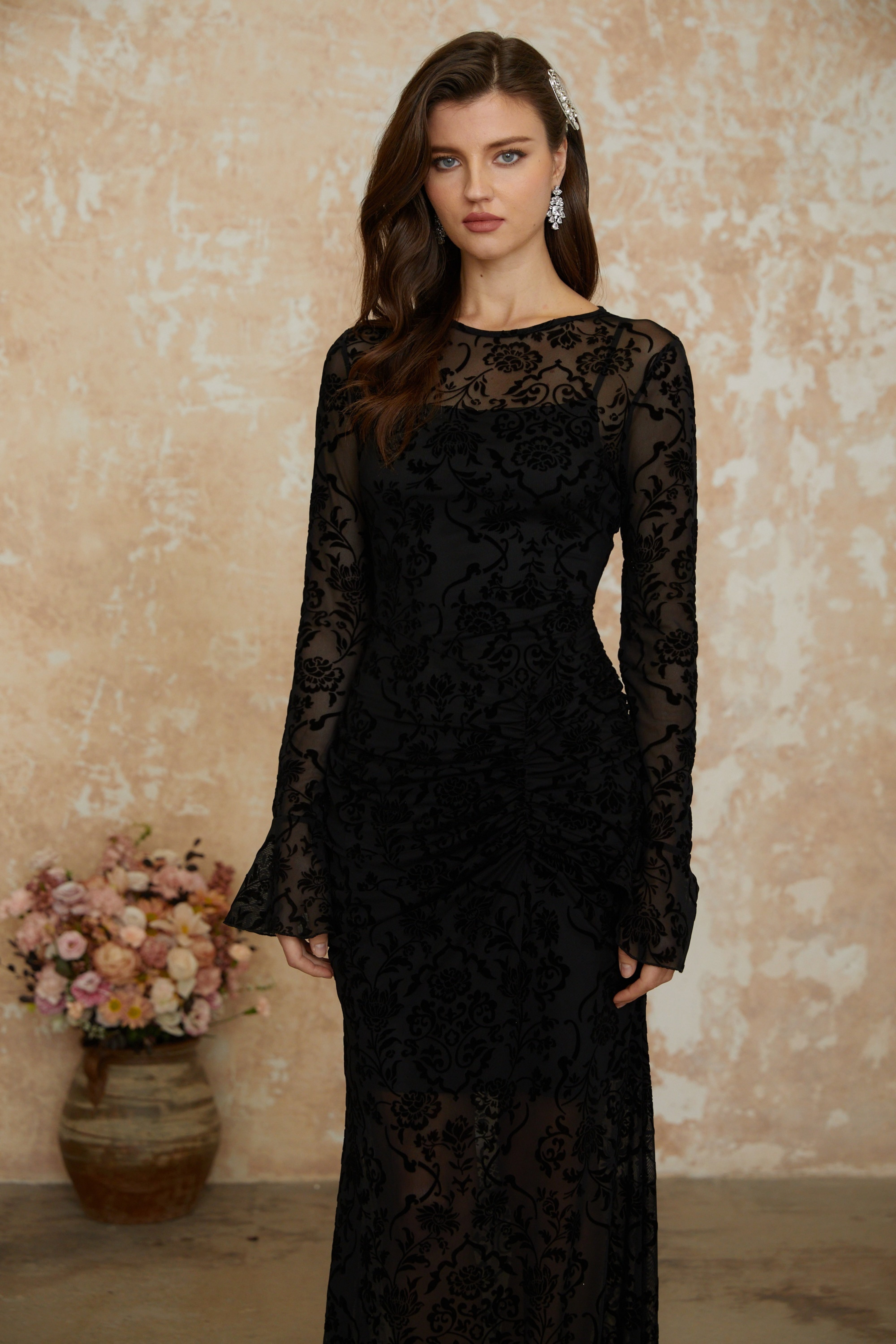 Kismet Black Flocked Floral Ruched Maxi Dress (Final Sale-US Only)