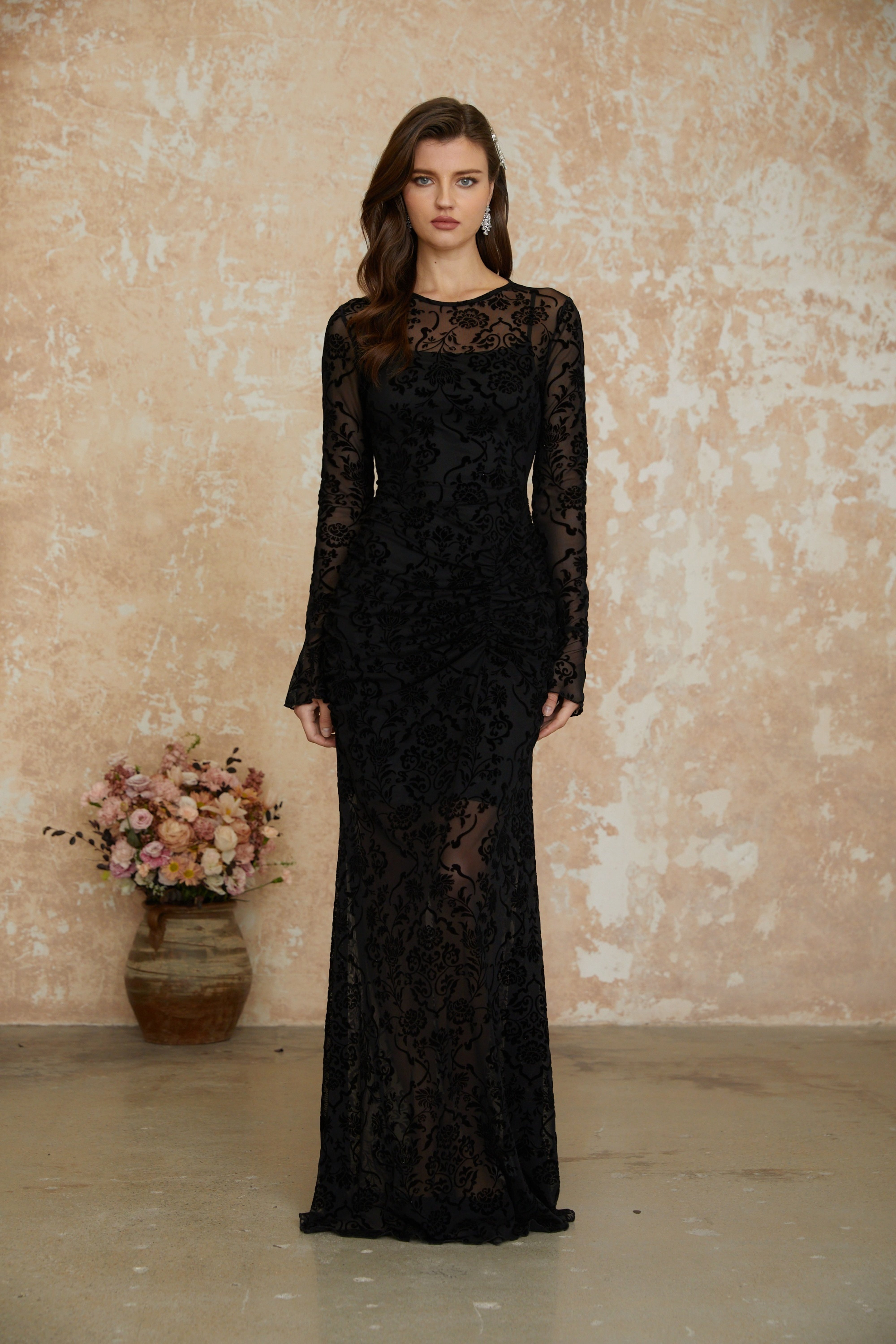 Kismet Black Flocked Floral Ruched Maxi Dress (Final Sale-US Only)