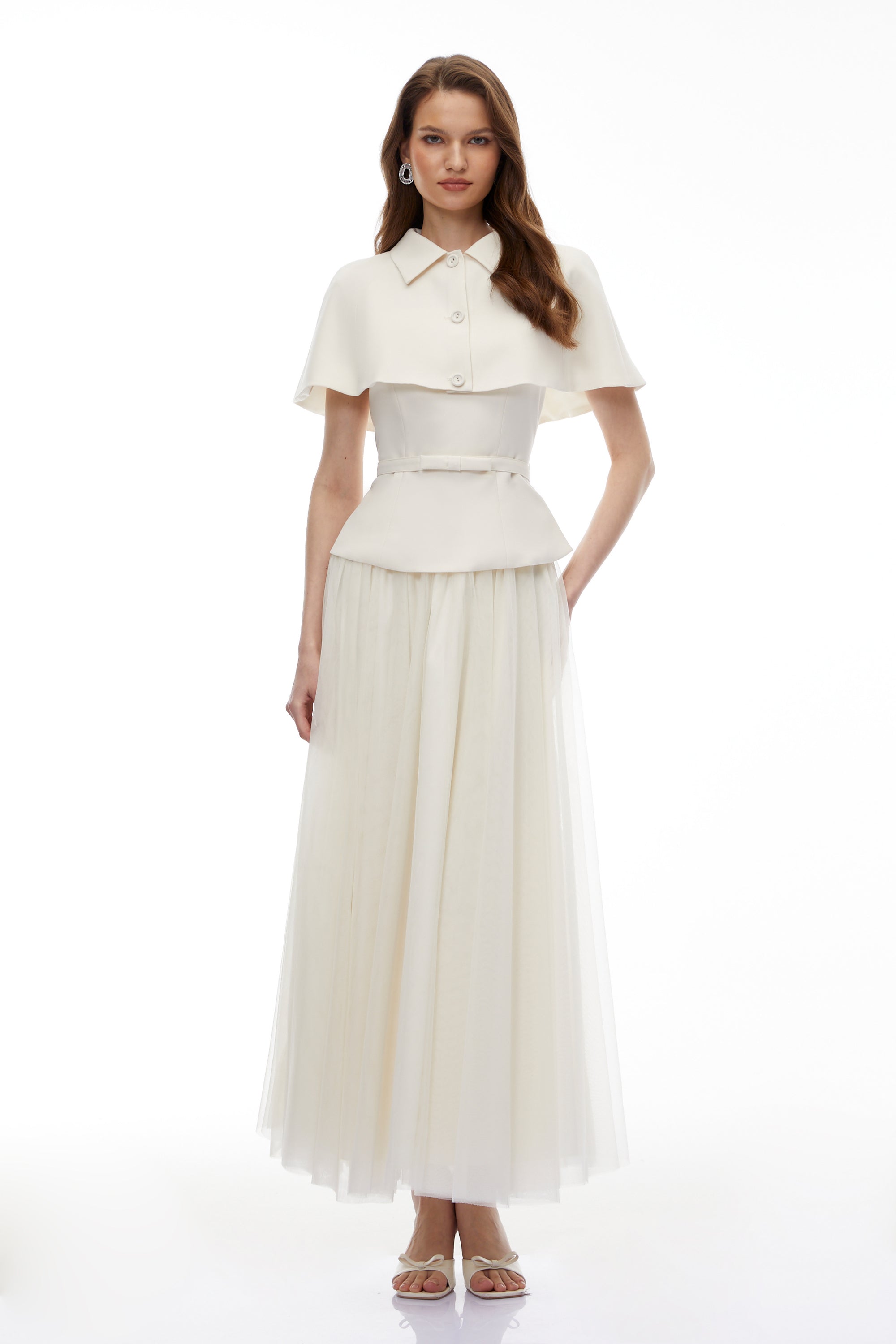 Klavdiya White Cape Top & Skirt 3-Piece Set