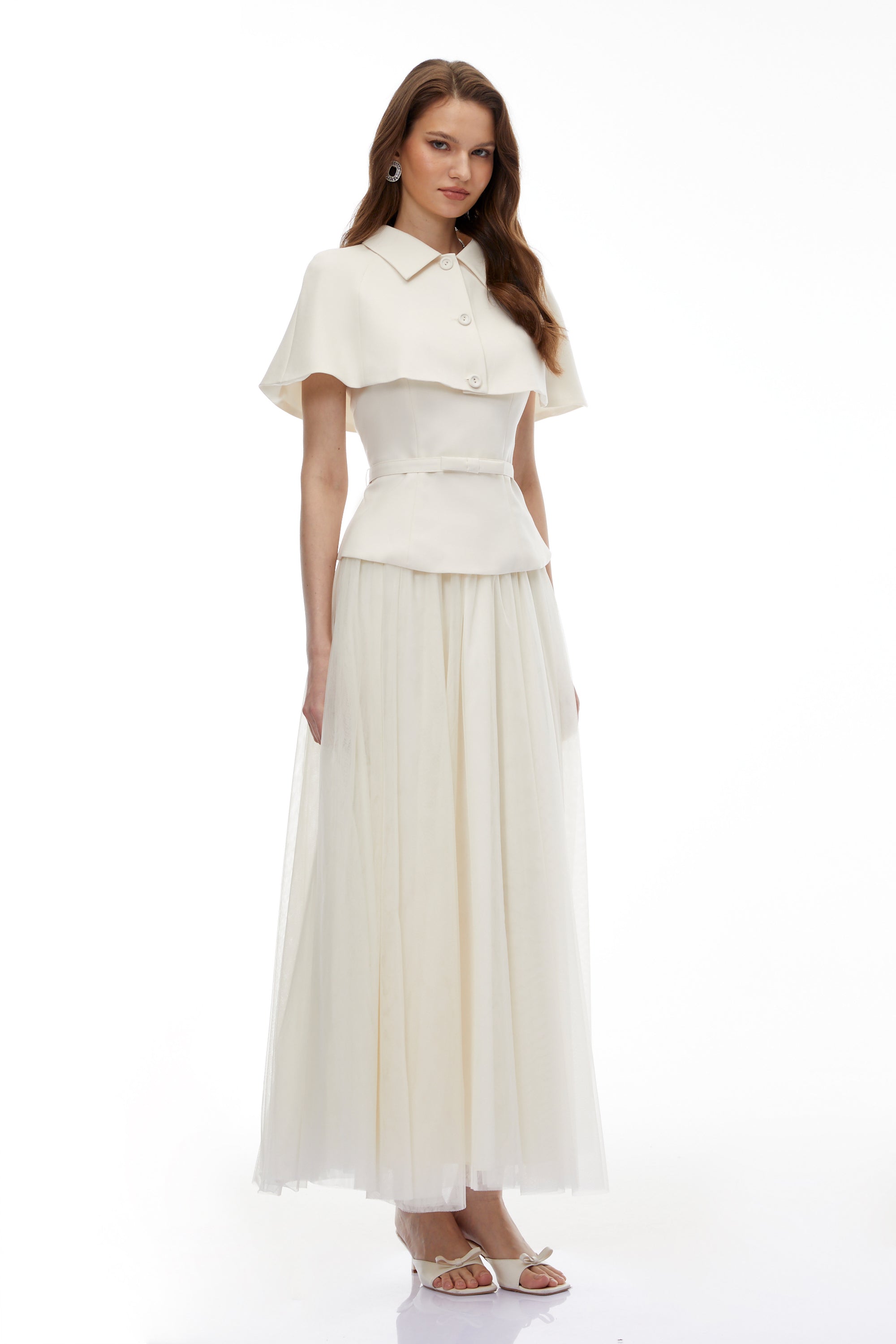 Klavdiya White Cape Top & Skirt 3-Piece Set