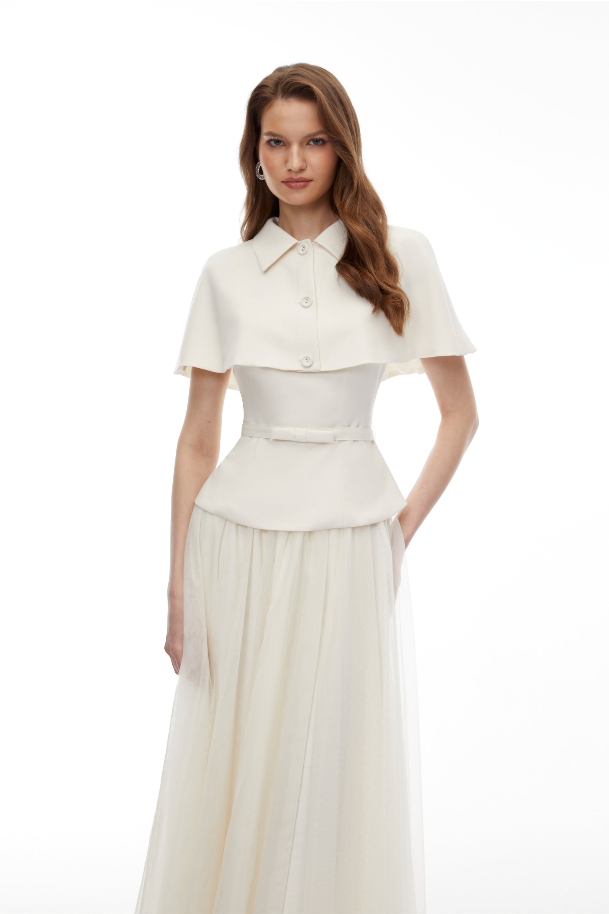 Klavdiya White Cape Top & Skirt 3-Piece Set