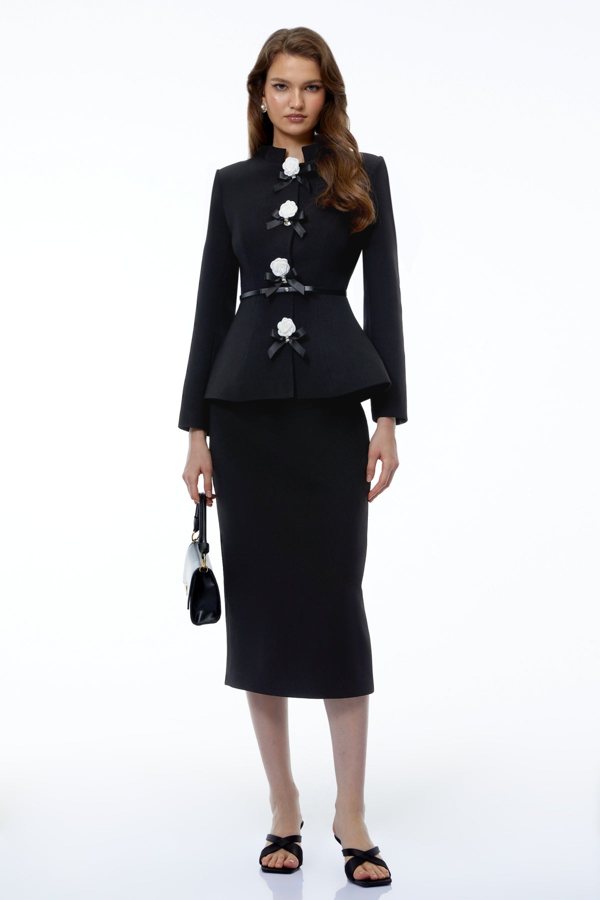 Krasava Black Blazer & Skirt Set with Camellia Buttons