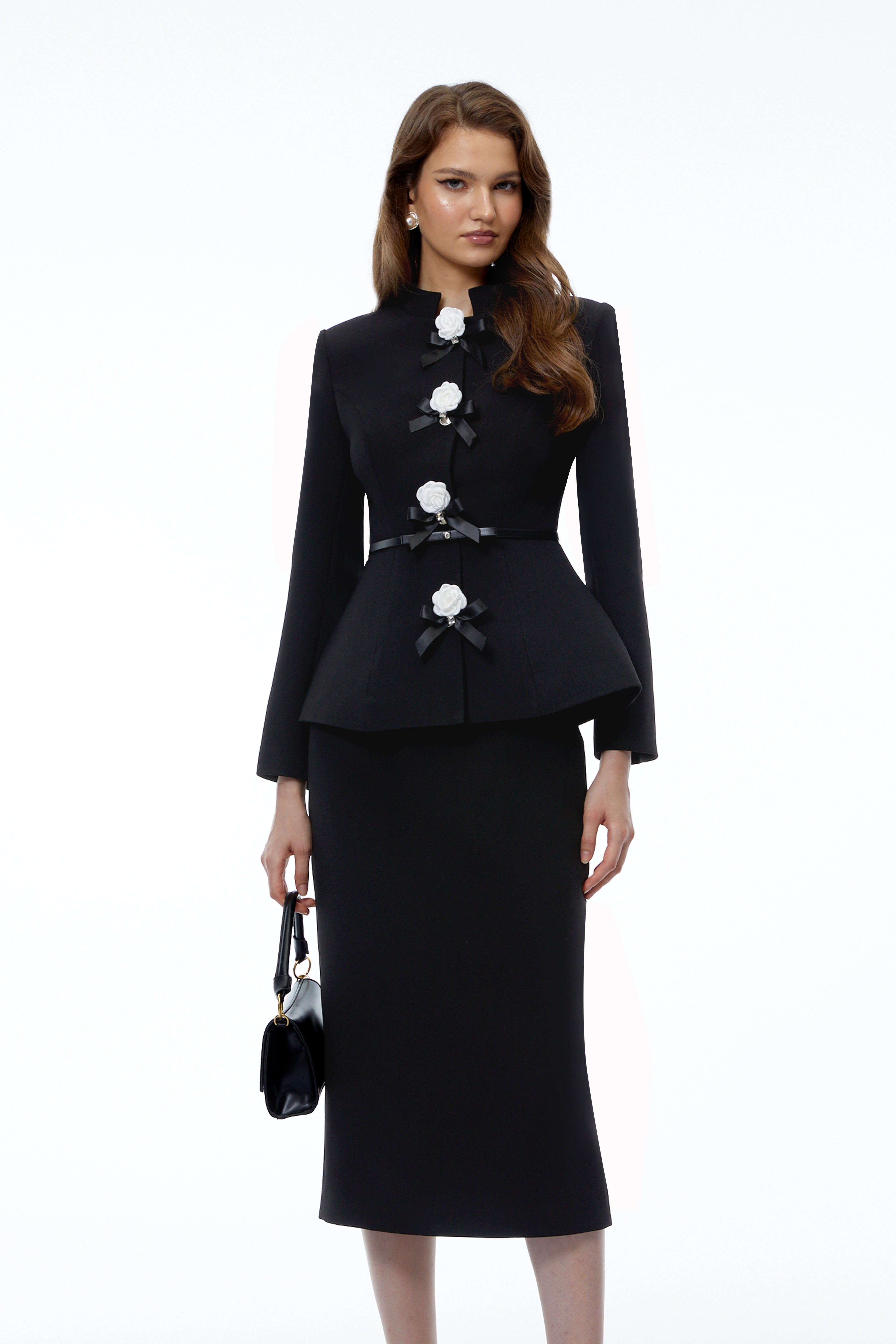 Krasava Black Blazer & Skirt Set with Camellia Buttons