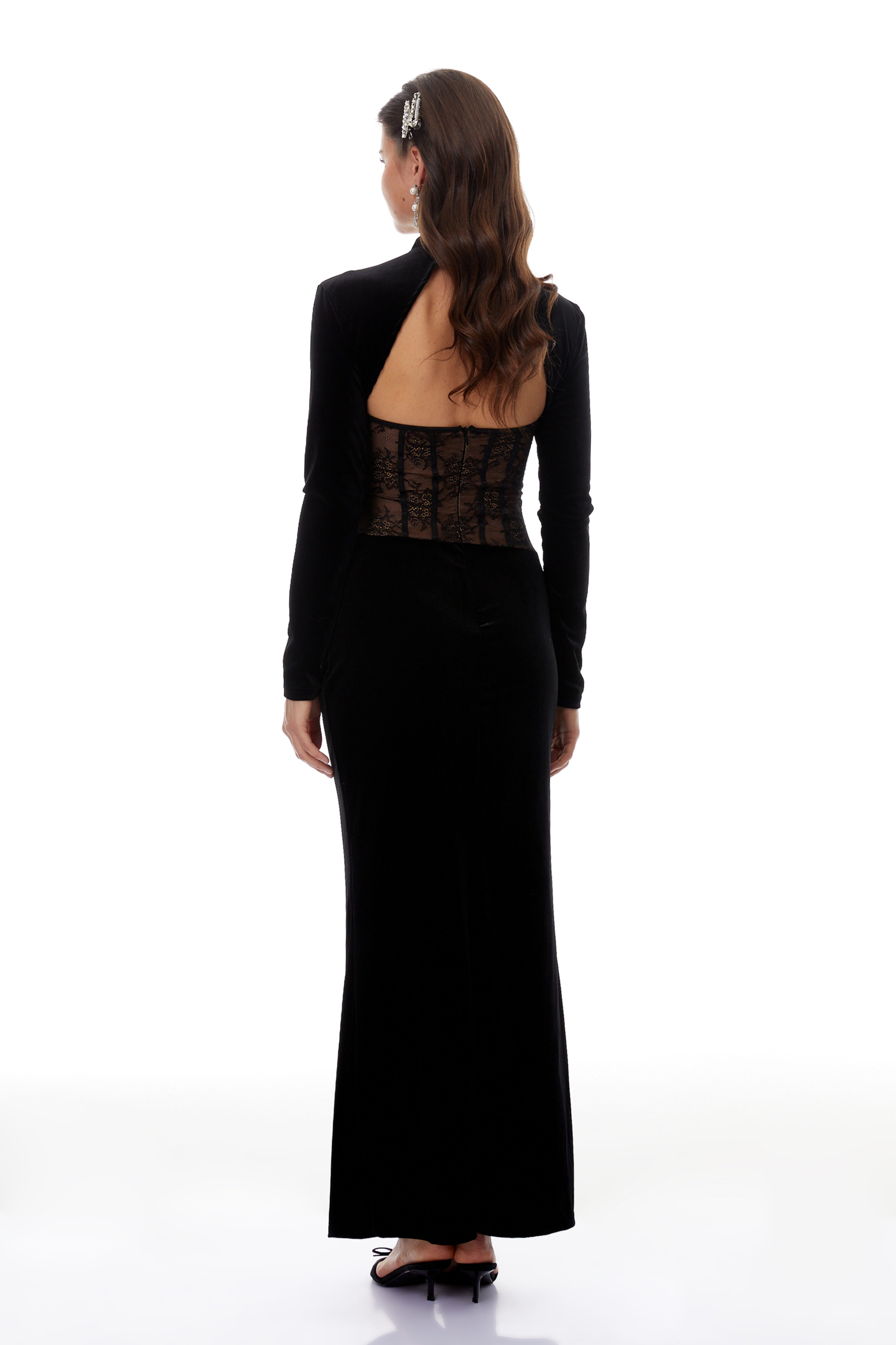 Kristine Black Lace Panel Cut-Out Maxi Dress with Shrug