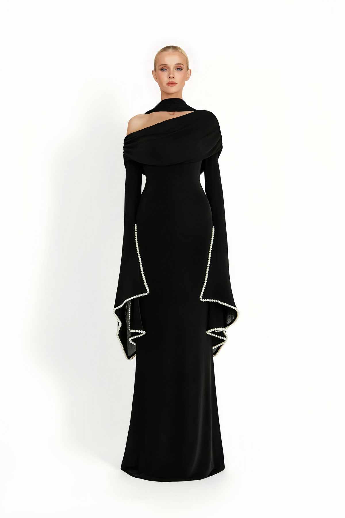 Simona Black One Shoulder Pearl Trim Maxi Gown (Final Sale)