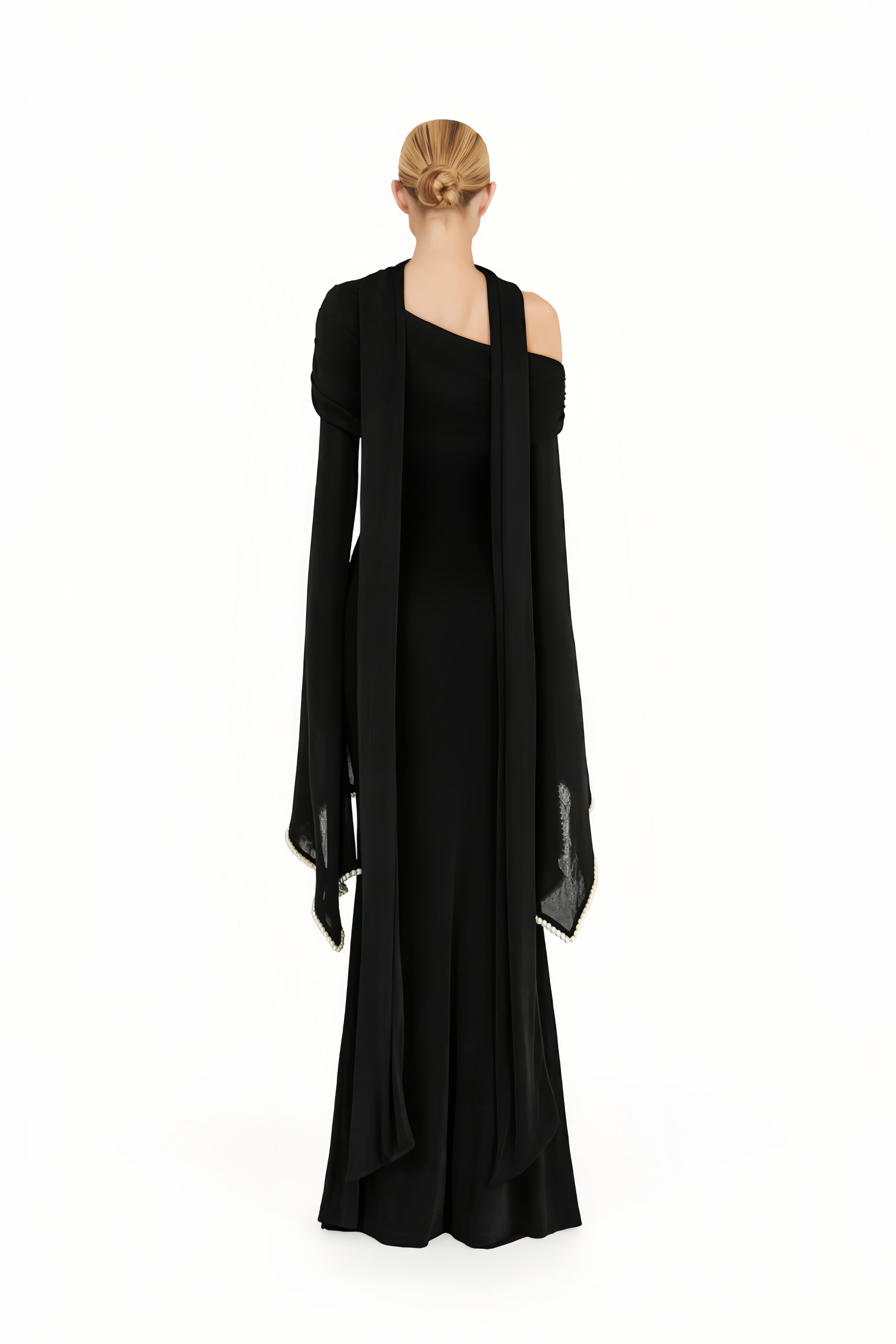 Simona Black One Shoulder Pearl Trim Maxi Gown