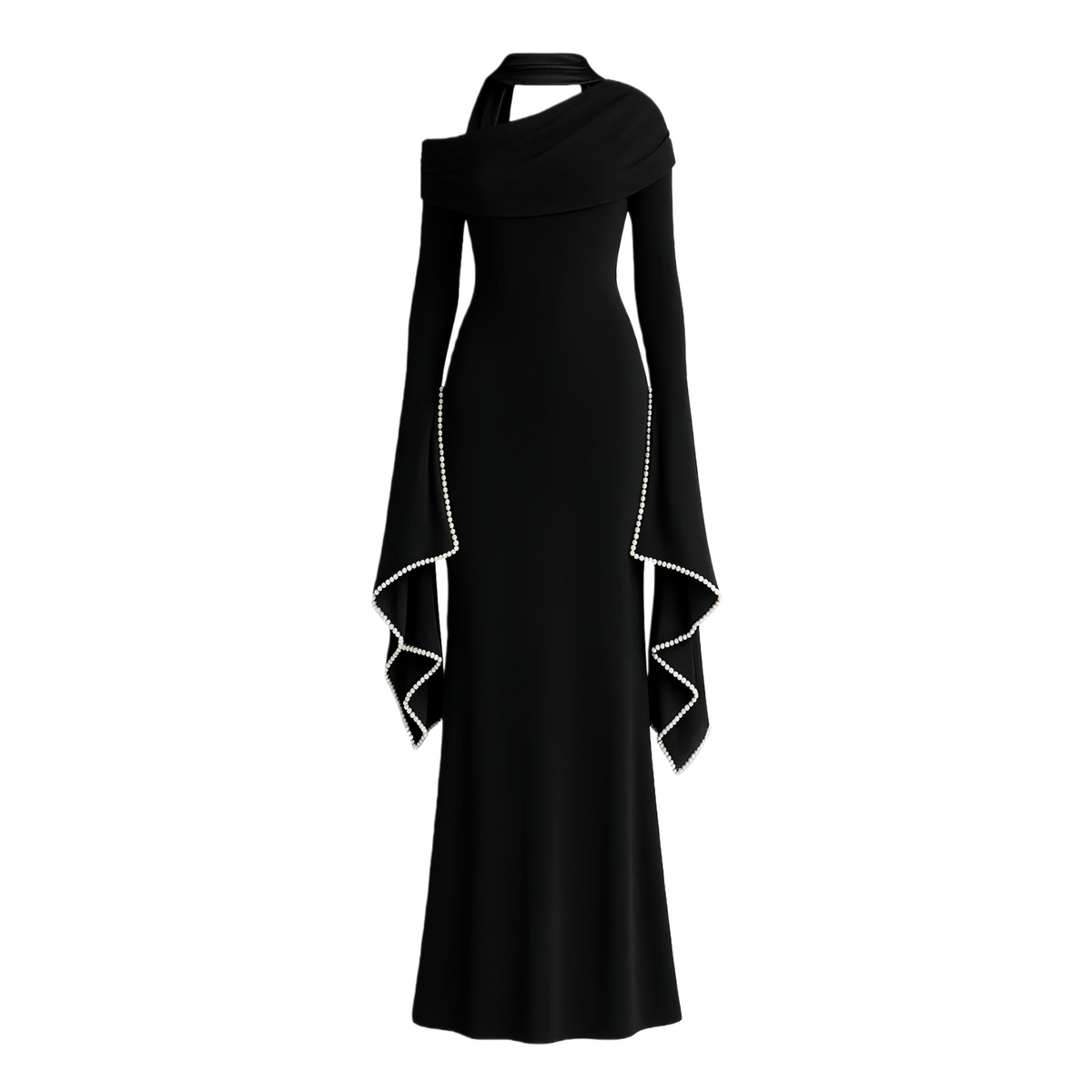 Simona Black One Shoulder Pearl Trim Maxi Gown (Final Sale)