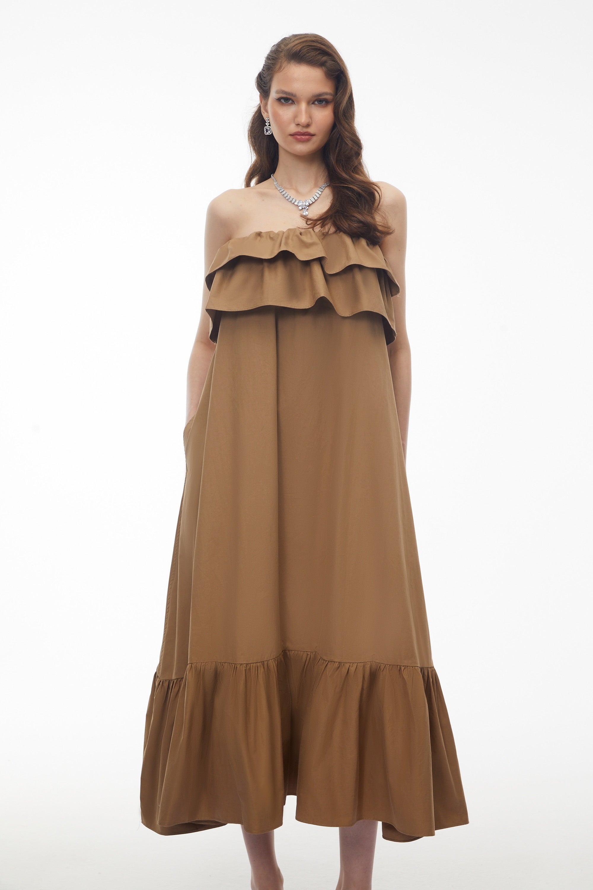 Laelia Camel Tiered Ruffled Midi Dress (Final Sale)