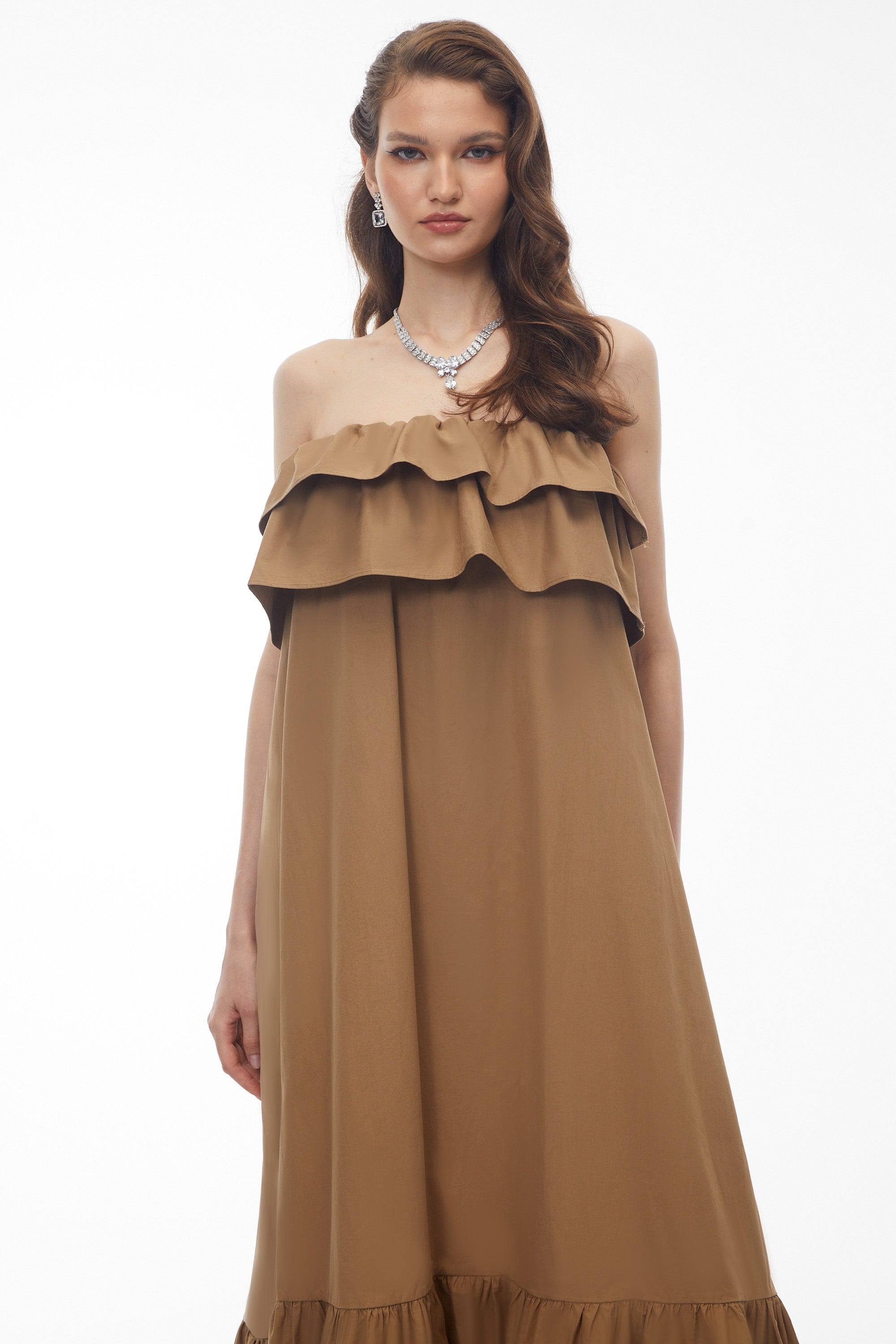 Laelia Camel Tiered Ruffled Midi Dress (Final Sale)