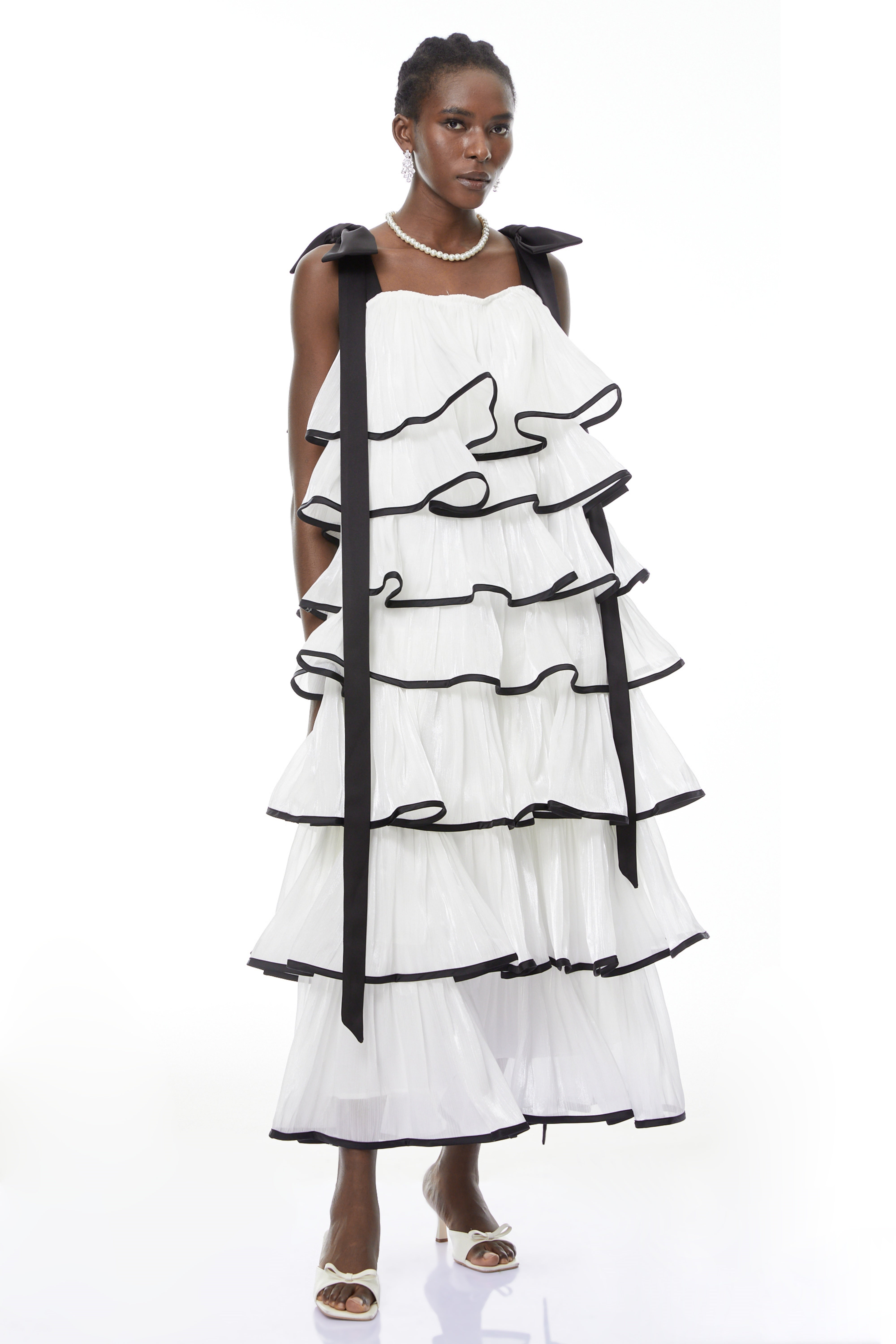 Larissa White Ruffled Maxi Dress with Bows (Final Sale-US Only)