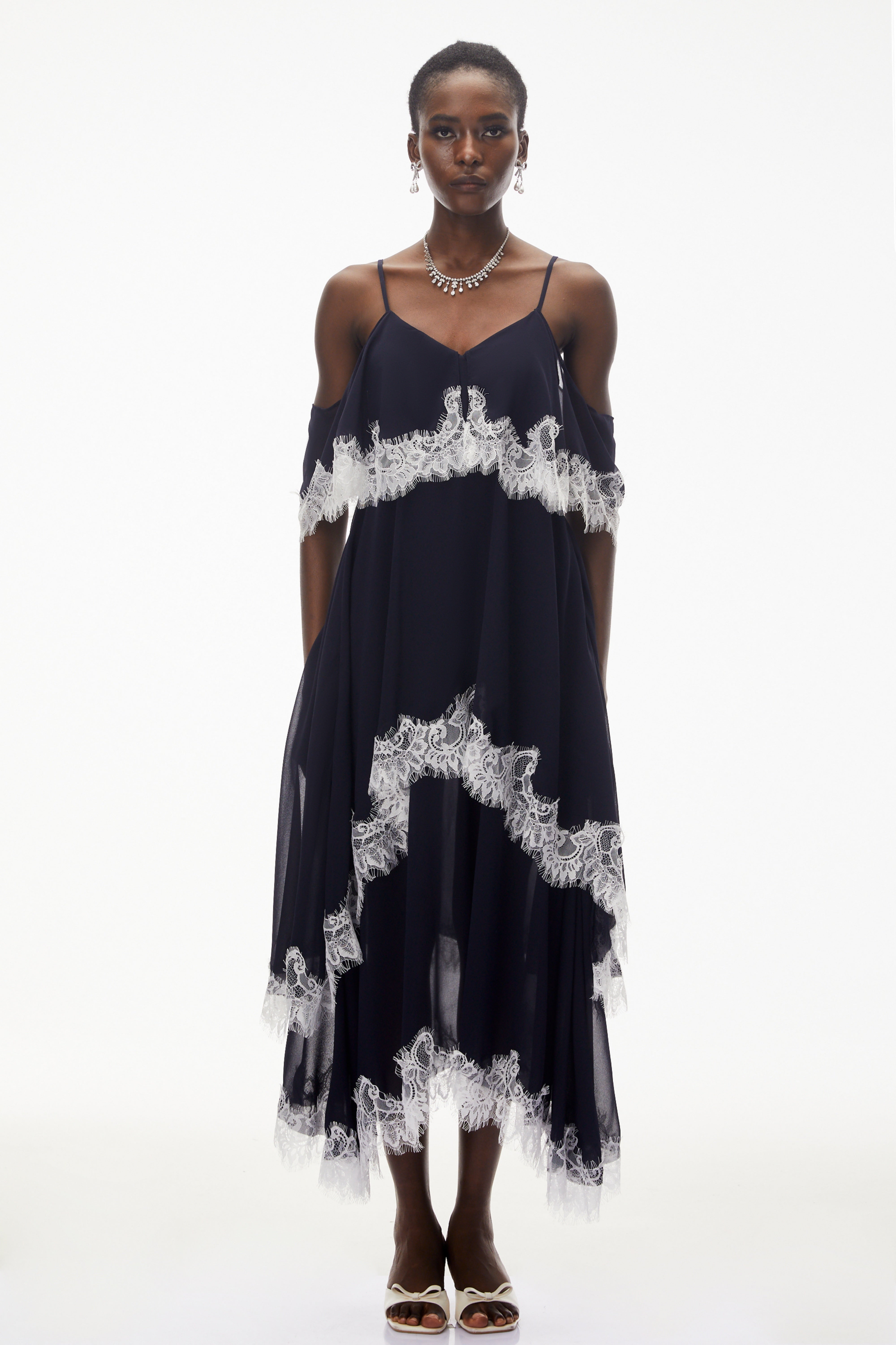 Larysa Navy Tiered Maxi Dress with Lace Trim