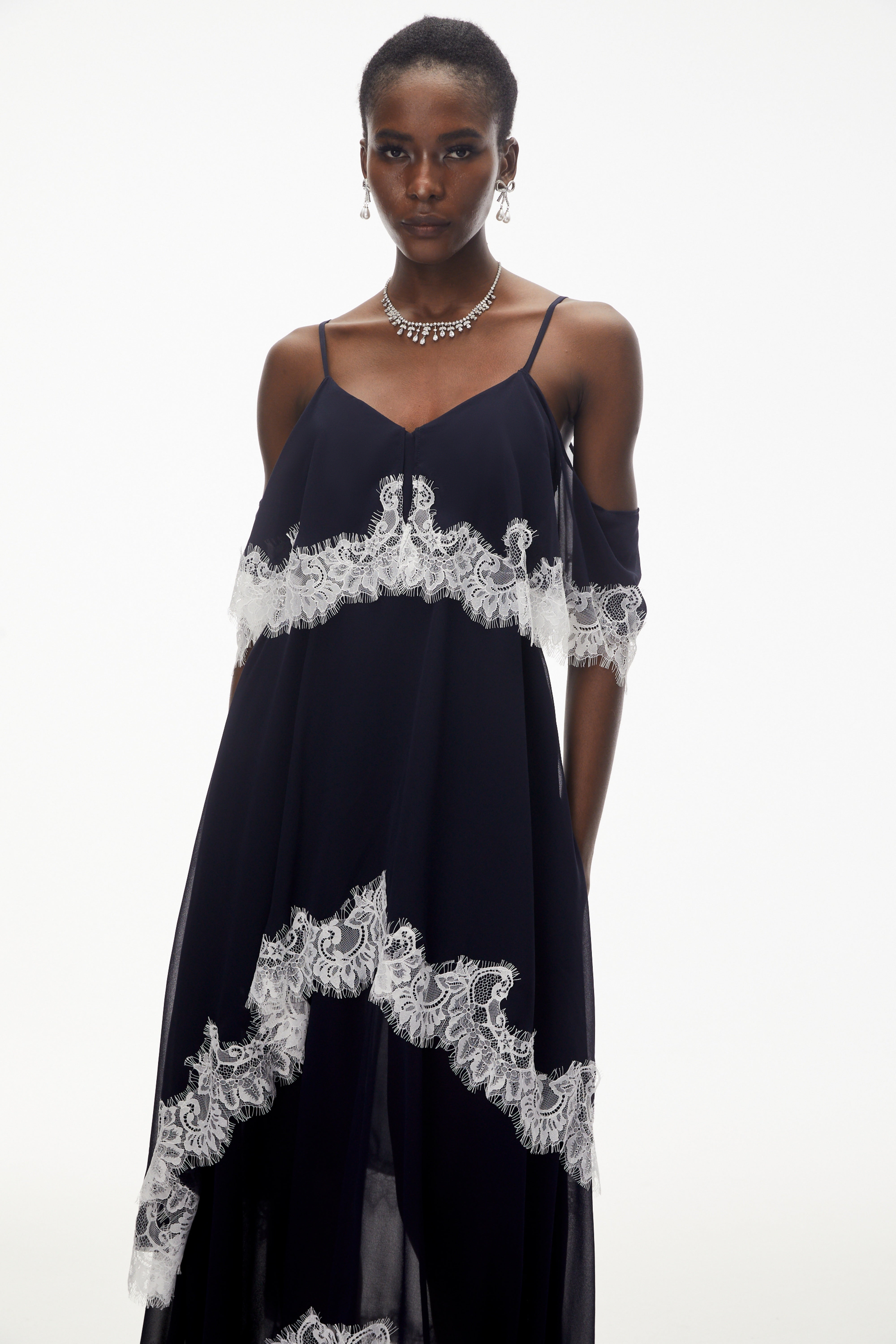 Larysa Navy Tiered Maxi Dress with Lace Trim