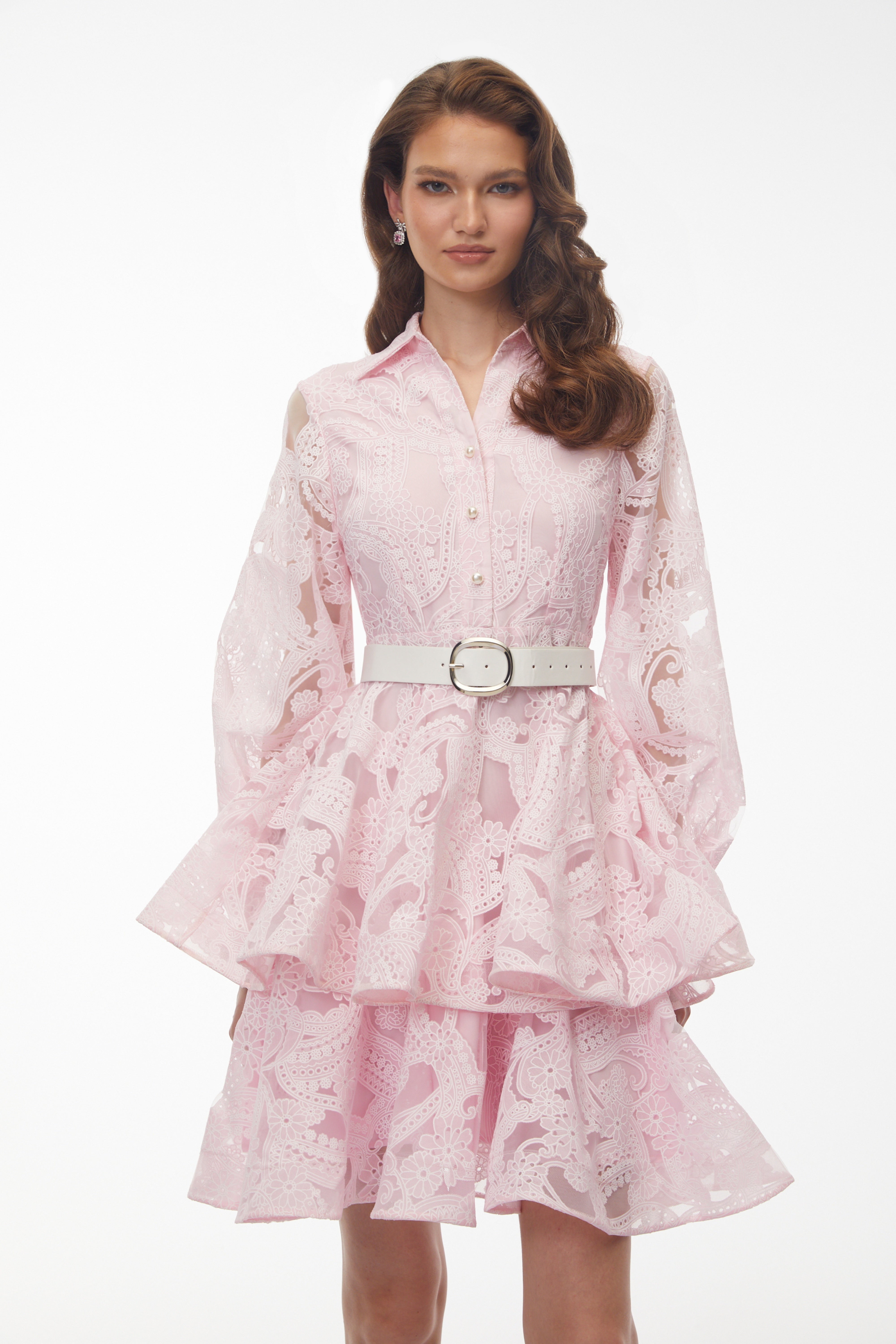 Lavinia Blush Pink Puff Sleeve Tiered Lace Mini Dress