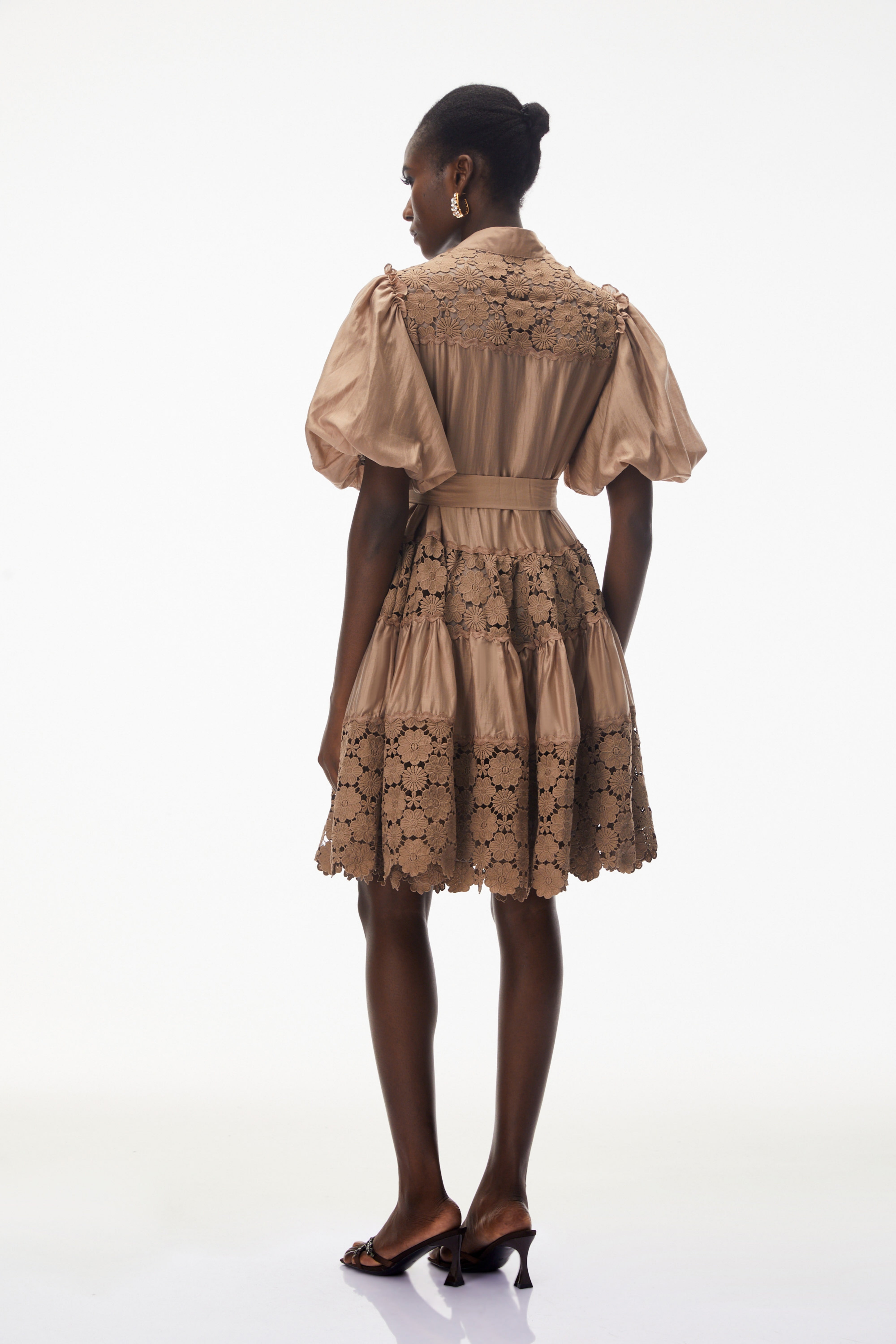Lavinia Camel Satin Mini Dress with Floral Lace Panels