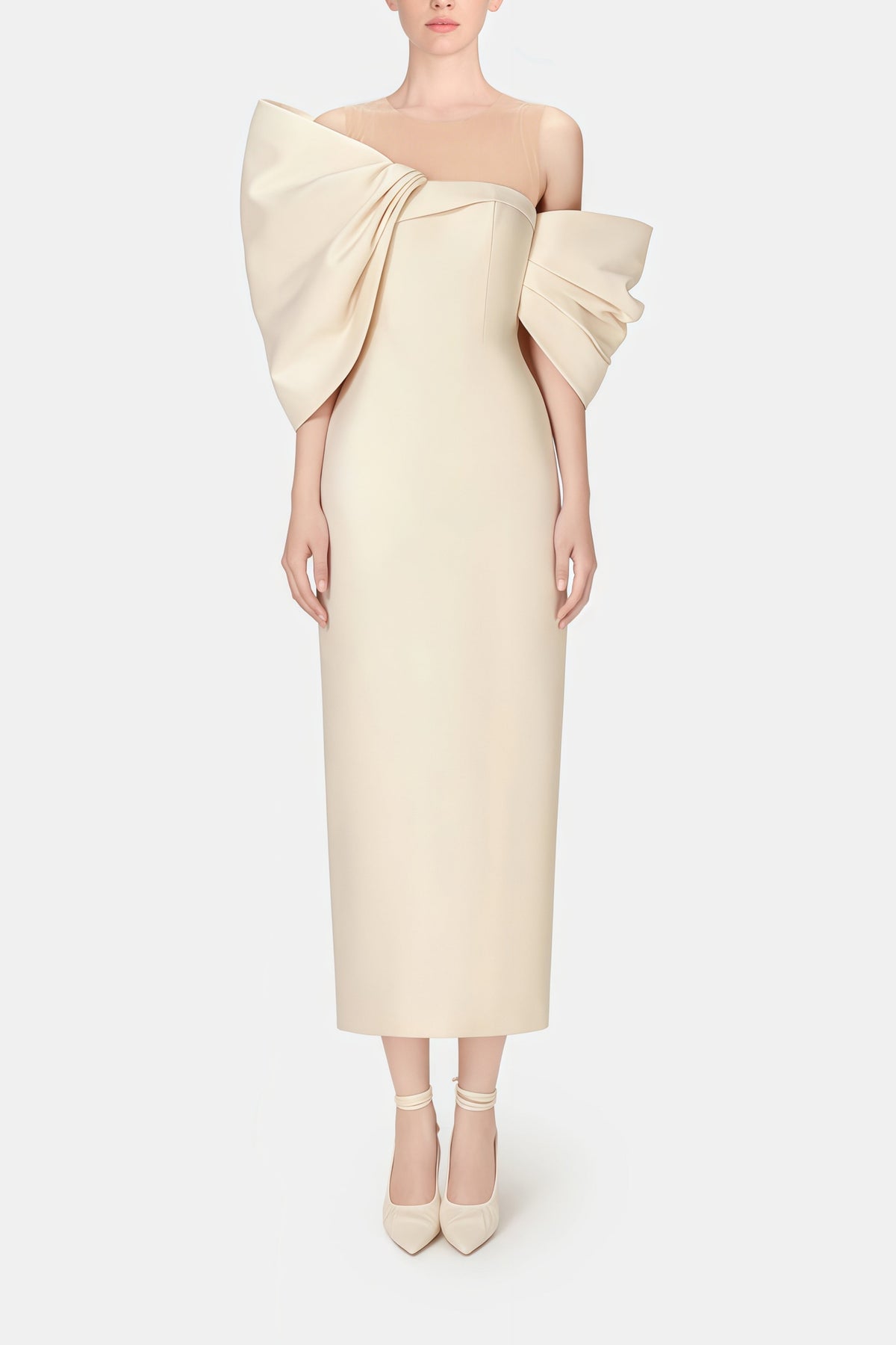 Leire Cream Midi Dress with Asymmetrical Bow Detail (Final Sale)